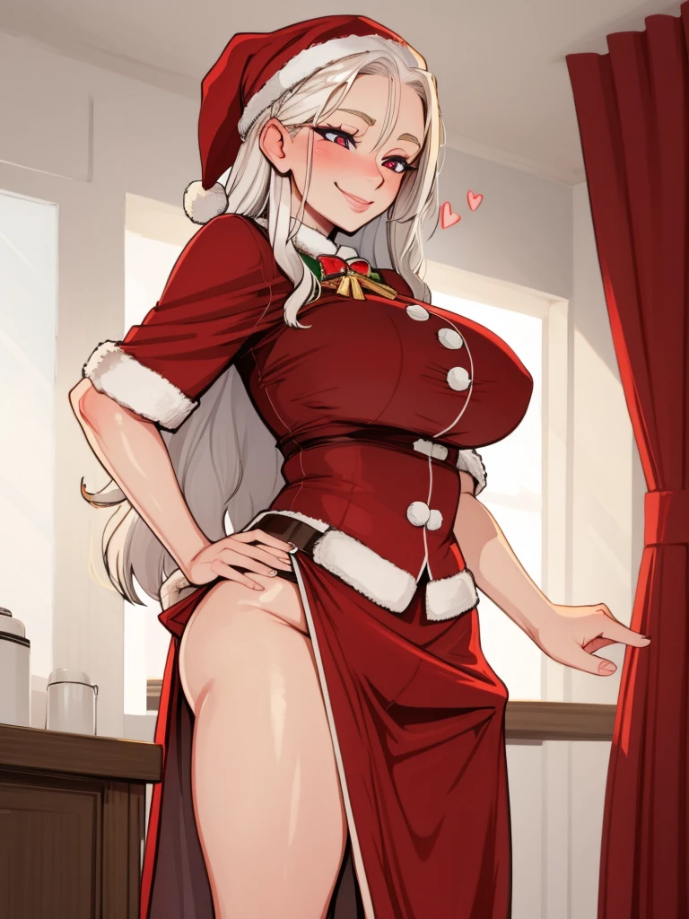 Mrs Claus, long wavy white hair, milf, busty, bulge, cloth bulge, smile, heart shaped pupils