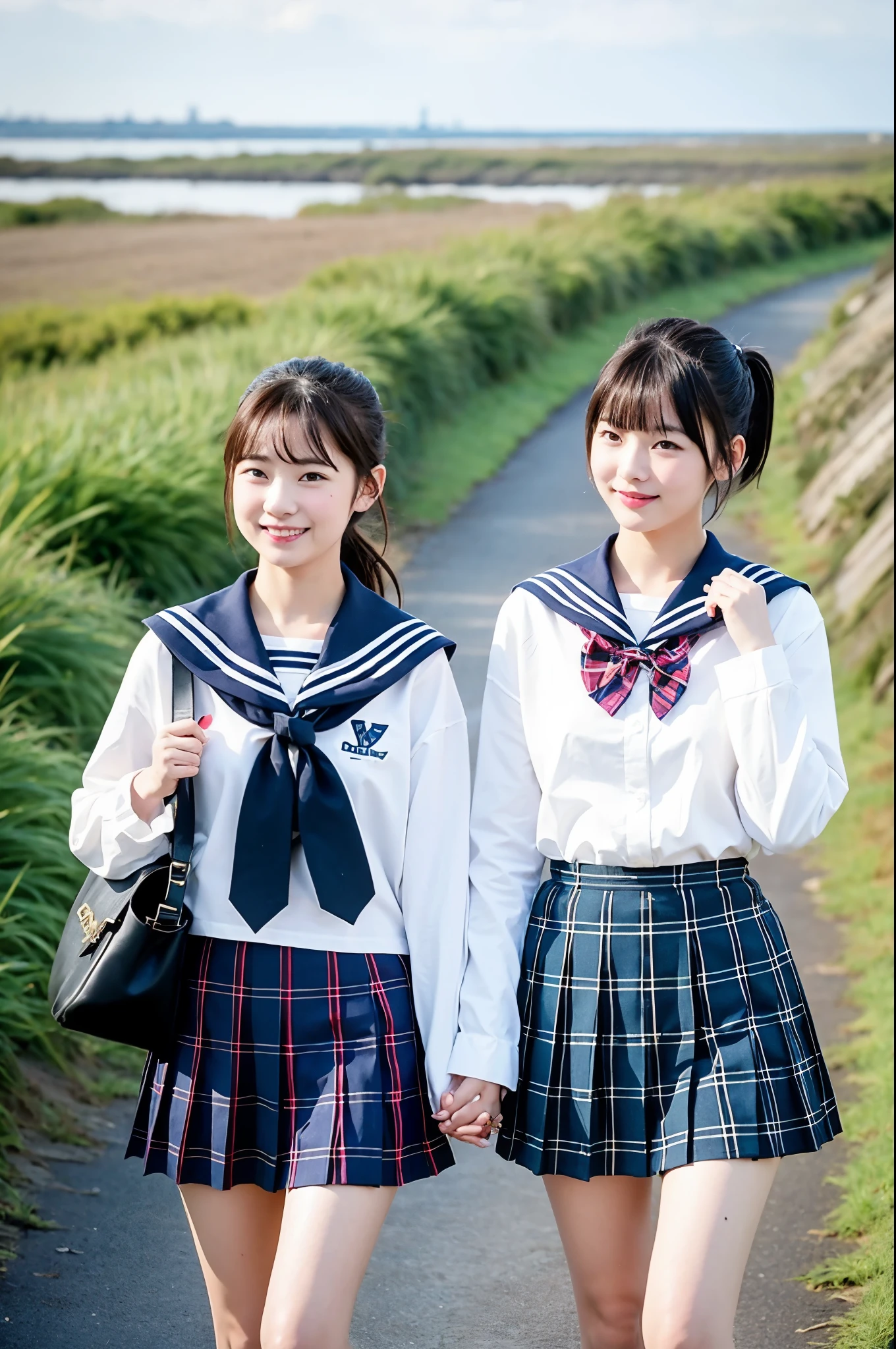 girls walking on rural path,winter sea on background,long-sleeved white sailor shirt with plaid red bow tie,navy blue pleated skirt,school bag,18-year-old,bangs,a little smile,thighs,short cut hair,low ponytail,hair browing,from beside,frontlighting