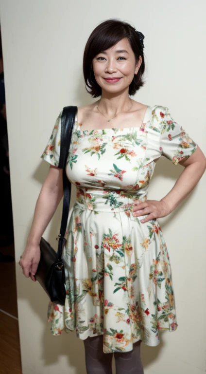 Best Quality, hight resolution, Hires, Skin definition, Detailed skin, Detailed eyes, Detailed face, 4K, 日本人A MILF, ((独奏)), (((50 years old))), (Wrinkles at the corners of the eyes:1.5), (nasolabial folds:1.5), A MILF, glamor, A sexy, Chromo-white skin, ((Shorthair)), Looking at Viewer,(((Aging skin:0.9))), ((loose muscles:0.9)), (((A slender))), (((Very large breasts:1.28))), ((Saggy udder)), (Saggy buttocks), ((Japanese Models)), 4K, (photoRealistic:1.5), Realistic, nffsw, Beautiful, Bimbo, Perfect makeup, small diamond necklace, piercings, (((Floral dress, pantyhose, tight skirts, high-heels))), ssmile, Public places,Full body photo,