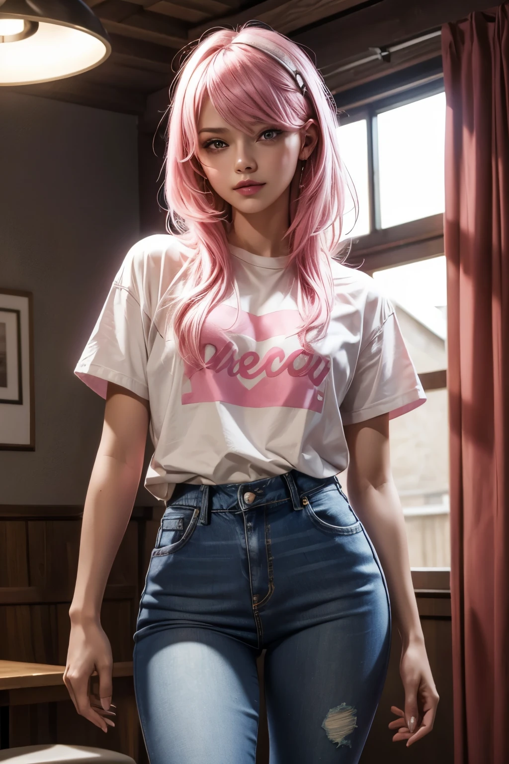 (1Girl Russian model face, 18yo, ((messy bubblegum pink hair)), she are smiling, pink slutry eyes, (wearing ((sexy)) tight jeans and white t-shirt)), ((In a room)). (((dark at night)))