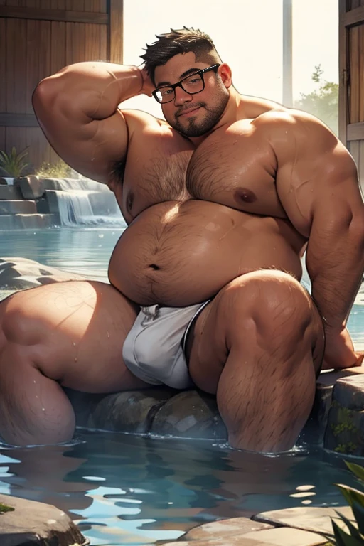 masterpiece,top-quality, in 8K, A fat man is soaking deeply in a large hot spring, Naked, Spread legs, stretch and relax, nerdy, short legs, Bowleg, (fatness: 1.0), Blushing and relaxed fat man, looks sleepy, Bare belly, Bare legs, Shirtless, Glasses, thinning hair, Man with big face, Round face, Wet body, steams, Solo