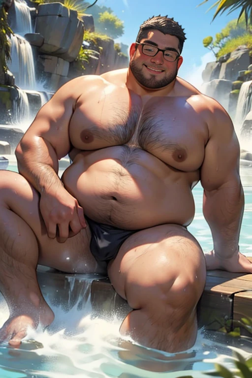 ​masterpiece,top-quality, in 8K, A fat man is soaking deeply in a large hot spring, Naked, Spread legs, stretch and relax, nerdy, short legs, Bowleg, (fatness: 1.0), Blushing and relaxed fat man, looks sleepy, Bare belly, Bare legs, Shirtless, Glasses, thinning hair, Man with big face, Round face, Wet body, steams, Solo