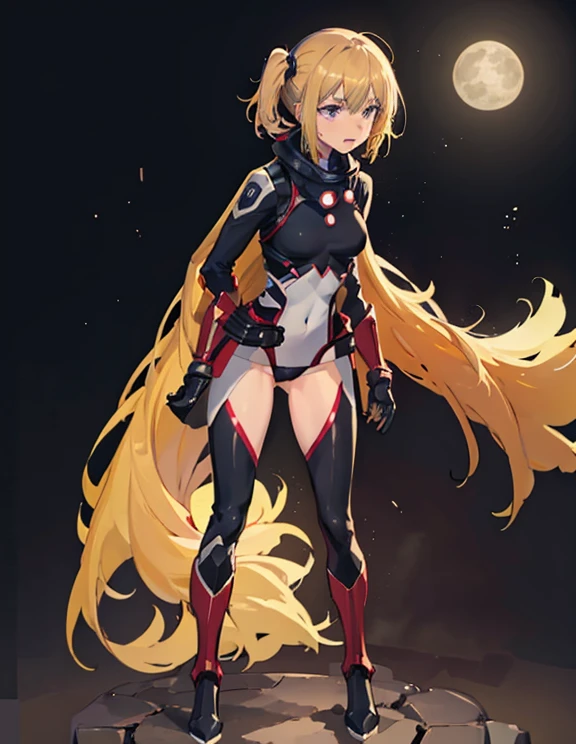 1girl in, Superhero, Mature Woman, Leotard, Bare legs, long boots, gloves, glowing body, the light that surrounds her body, light Particle, Space background, Standing, put hands on the hip, Cowboy Shot, Full body shot, super powers, Perfect Anatomy, Cowboy Shot.skyscraper，fullmoon，