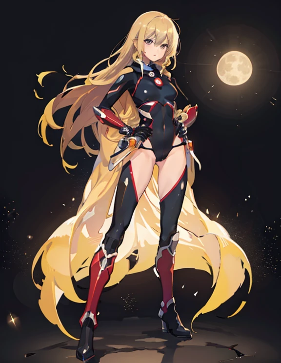 1girl in, Superhero, Mature Woman, Leotard, Bare legs, long boots, gloves, glowing body, the light that surrounds her body, light Particle, Space background, Standing, put hands on the hip, Cowboy Shot, Full body shot, super powers, Perfect Anatomy, Cowboy Shot.skyscraper，fullmoon，