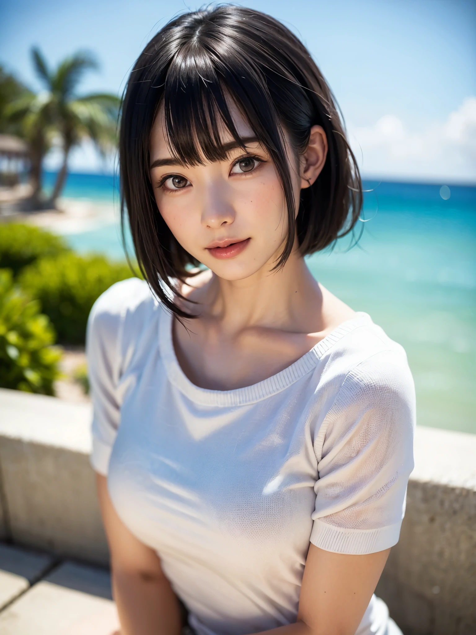 1人、top-quality、realisitic、独奏、depth of fields、natural soft light、during daytime、魅惑的、beauitful face、Cleanliness、Pure face、de pele branca、kawaii、short-hair、bangss、the beach、rays of sunshine、Nedium Breast Body Esbian、((Beautiful face with sweater golden ratio Beautiful face with symmetry))、long neck、Put your ears out、bangssのあるきれいな短いボブヘア、Smile with your mouth closed、perfect hand指、perfect hand、Perfect body、face perfect、Shine a light into the eyes、Perfect Anatomy:1.4、とてもkawaiiスーパーモデル:1.4