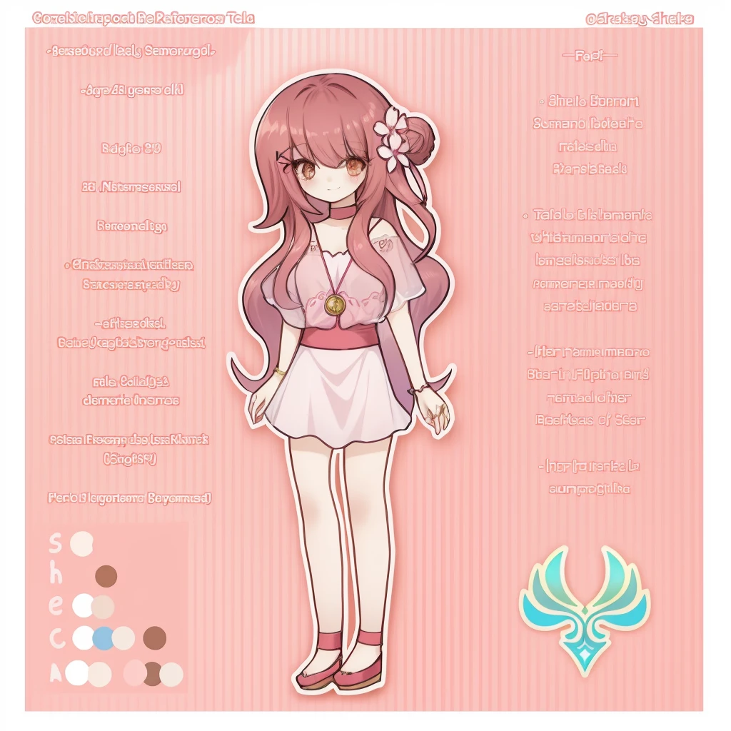 brownish dark pink hair wearing rose alampay pink dress, anime character reference sheet, reference sheet, full body!, [ character design ], design sheet, character reference sheet, long Pale brownish pink hair with sampaguita one hair bun (one right next sampaguita on her hair) with and golden brown eyes, single character full body Genshin style, , official artwork, CG, art Tala/>~Gender : Female~Size : medium female~Rarity: 5★~Weapon: , Catalyst~Element: Anemo~Nation: Mondstadt ((she is born in Sumeru and Raised in Mondstadt)) good art she is eighteen years old body young lady
