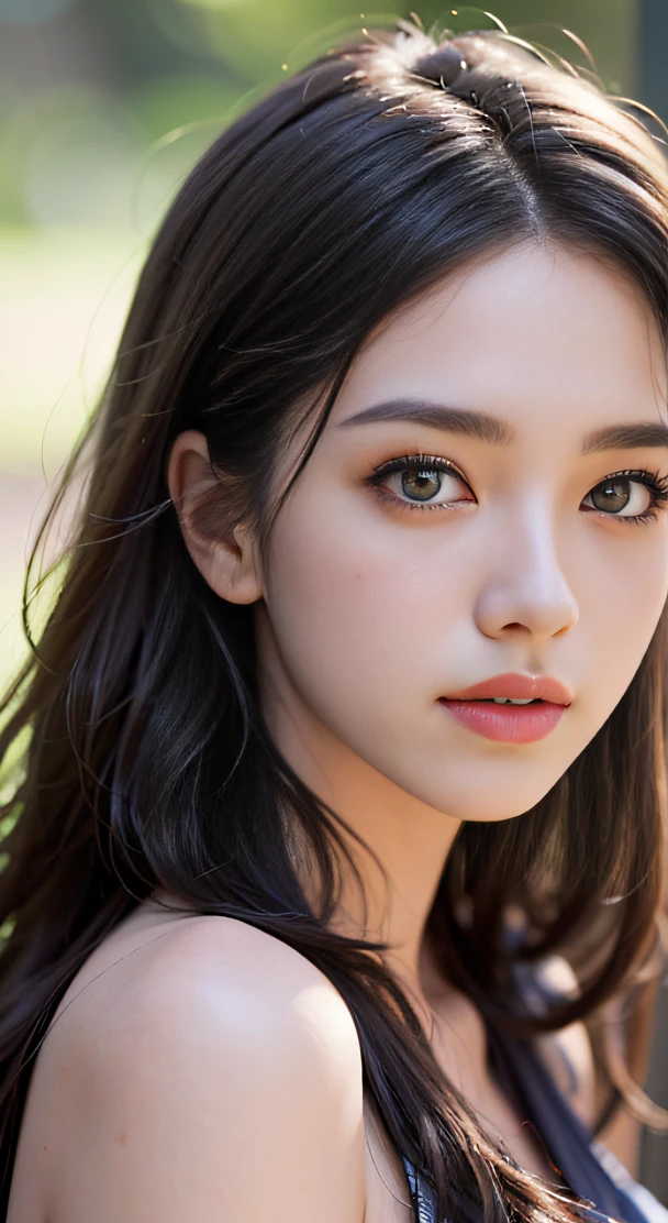 Film portrait photography, 1girl, bare shoulders, wavy shoulder-length hair, gentle, benevolent, gentle gaze, (realistic detailed eyes, natural skin texture, realistic face details), soft dramatic lighting, depth of field, bokeh, vivid details, detail, ultra-realistic, 35mm film, blur