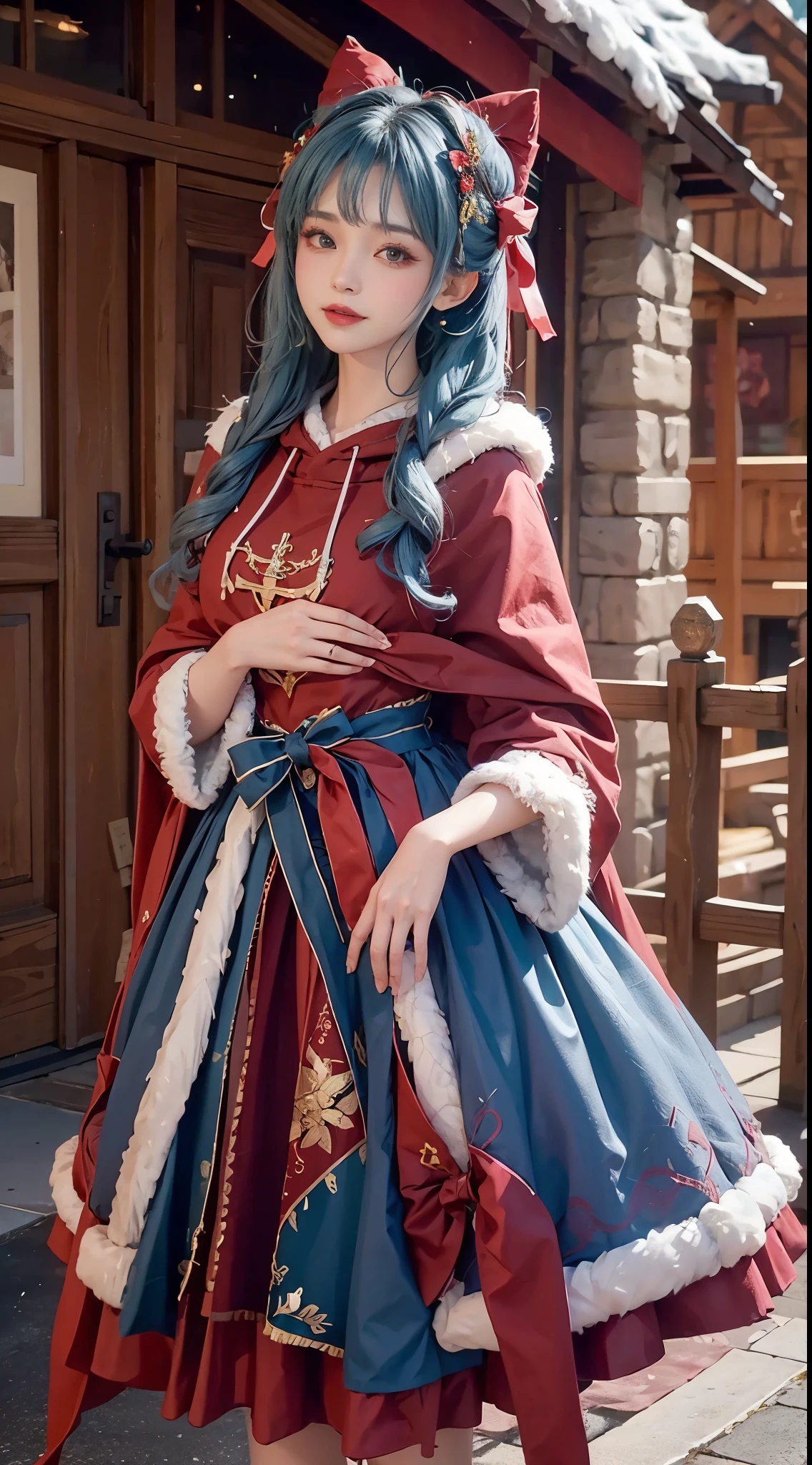 1 girl,hoody,fur cape,Blue hair,ssmile,ta costume,Extra-long hair,Red bow hair ornament,The content is very detailed,center frame,Focus sharp,城市,natta,Ski slopelizzarding,luring,8K,tmasterpiece,winning artwork,