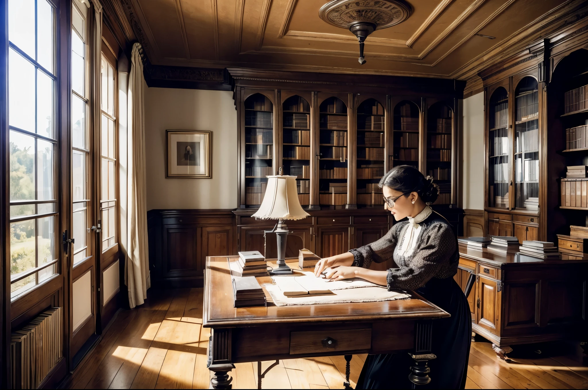Autumn of 1910, cool weather, daylight, steampunk, (dark academia), Edwardian, ((Library)), farmhouse in the South of France, limewashed walls, black and white tile floor, (tall ceiling), bookcases with glass doors, ((wide perspective of the room)), view from a distance, ((desk)), fabrics on desk, vintage lampshade, ((40-year-old woman)), middle-aged thin woman, long neck, wide shoulders, ((sewing machine)), sewing a shirt, wearing an Edwardian dress, high collar, Persian, brown skin, dark hair, big eyes, arab nose, fleshy lips, gentle look, thick eyebrows, pointy chin, high cheekbones, dimples, glasses