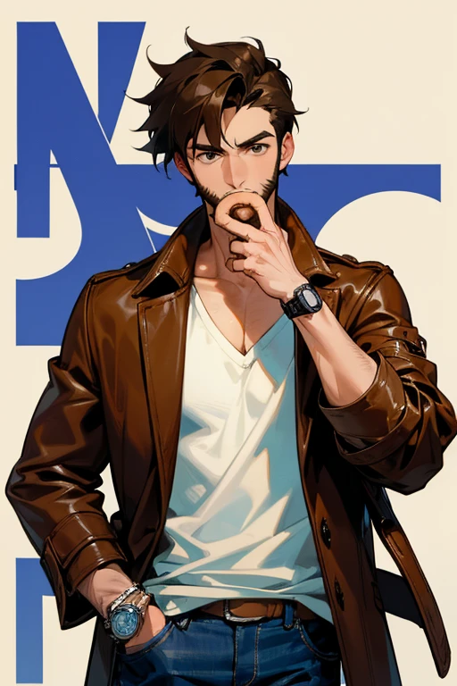 young brunette american man.Looks like he&#39;s in his 30s. I am wearing a white V-neck t-shirt.. I&#39;m wearing jeans. His right sleeve is rolled up and he is wearing several wristwatches.. different watches. no beard.holding a donut.He is wearing a brown leather coat..