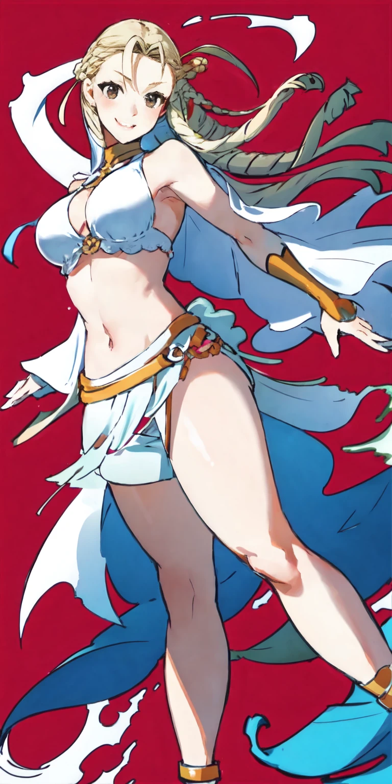 full-body close-up, create an elegant atmosphere), white short skirt, white hair shawl, graceful flowing, elegant movements, lustful smirking smile expression (red blush), floating in the air, (1girl), slim figure)