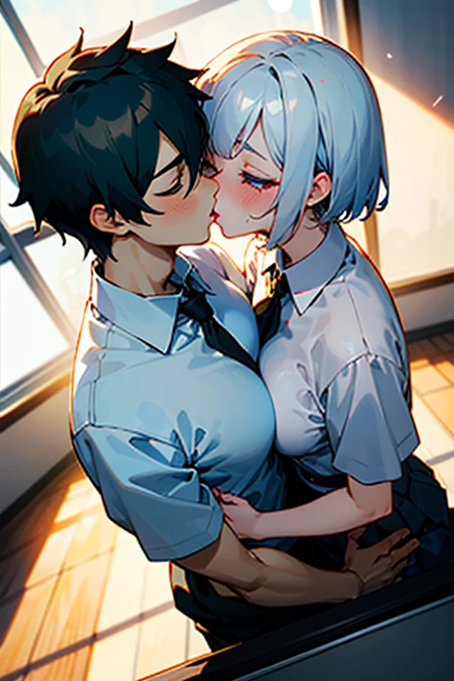 (masterpiece, best quality),
1girl, 1boy, hetero, sitting, upright straddle, (kiss:1.3), (hug:1), upper body, from above,
break, girl, 18 yo,
short silver hair,
beautiful detailed cutest eyes,
eyeshadow, lips, anime girl,
large breasts,
white collared shirt,
black pleated skirt,
(torogao:1.3), nose blush, half-closed eyes, heavy breathing,
break boy, grabbing another's breasts
break background classroom,
break backlighting,
