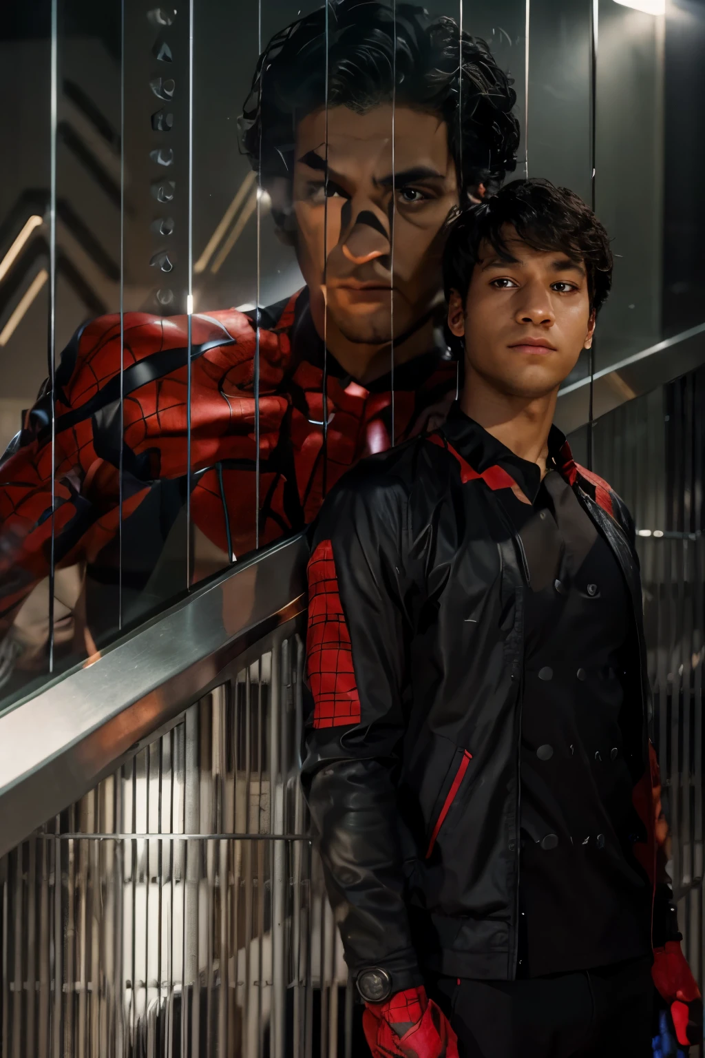 arafed masculine man in a black helmet and red mask with a black jacket, portrait of spiderman, medium close - up ( mcu ), daredevil portrait, peter parker, closeup portrait shot, peter parker as spiderman, closeup shot, superhero from the boys tv show, hq 4k wallpaper, mid shot portrait, portrait shot, donald glover as miles morales, futuristic style spiderman