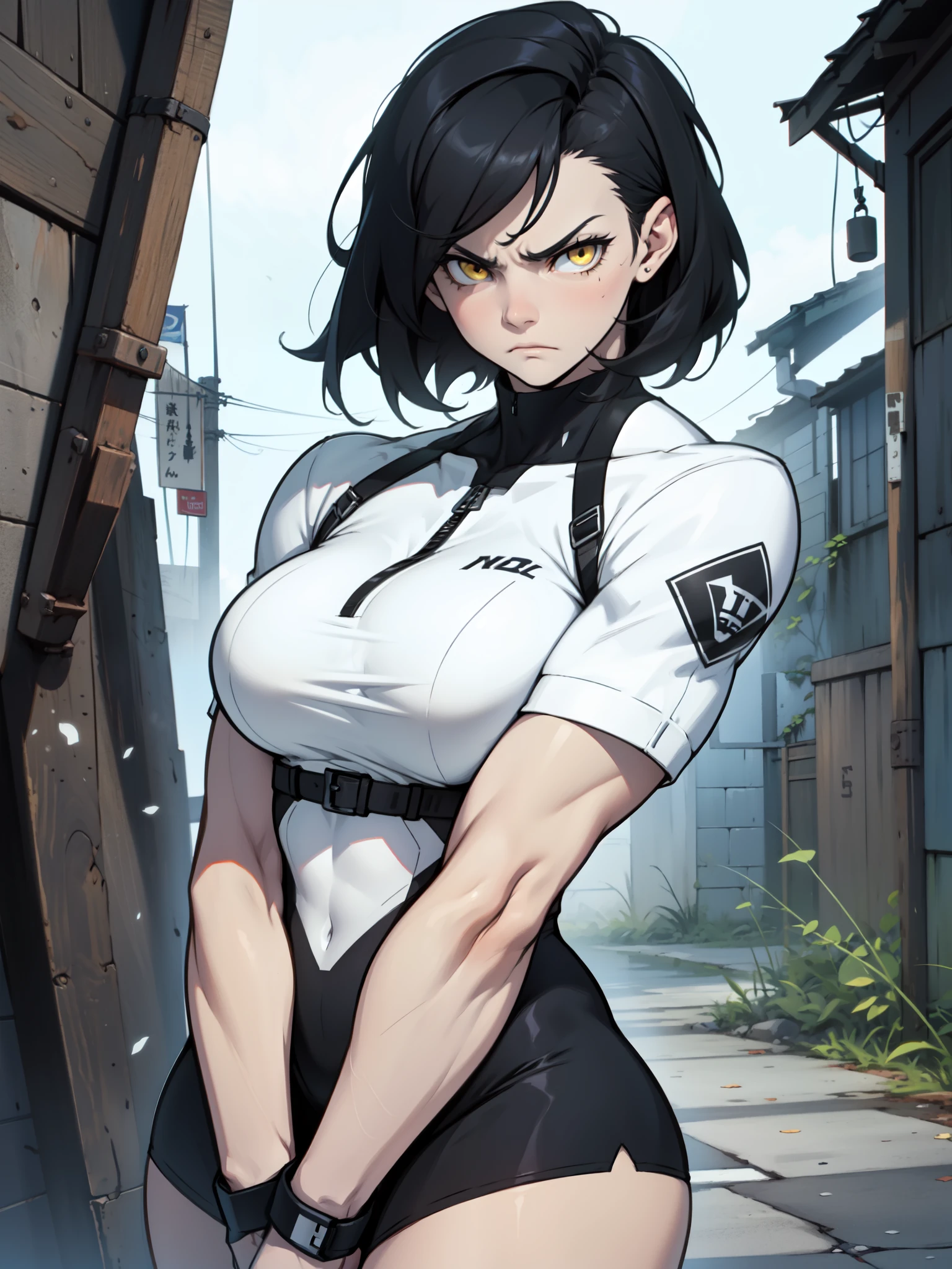 short legging white, short legging white, meia calça preta, meia calça preta, short em cima da meia calça,1girl muscular pale skin black hair yellow eyes black against wall sad sad sad sad tight short leggings white thick thick thick thick muscular muscular muscular muscular muscular girl dark dark, meias calça marrom, coxas y, belos olhos, meia calça preta, meia calça marrom , , best quality, highres, solo, black hair, , black gloves, bike_shorts, bangs, white shirt, badge, medium breowboy shot white , frown, , leaning forward, pointing at viewer
