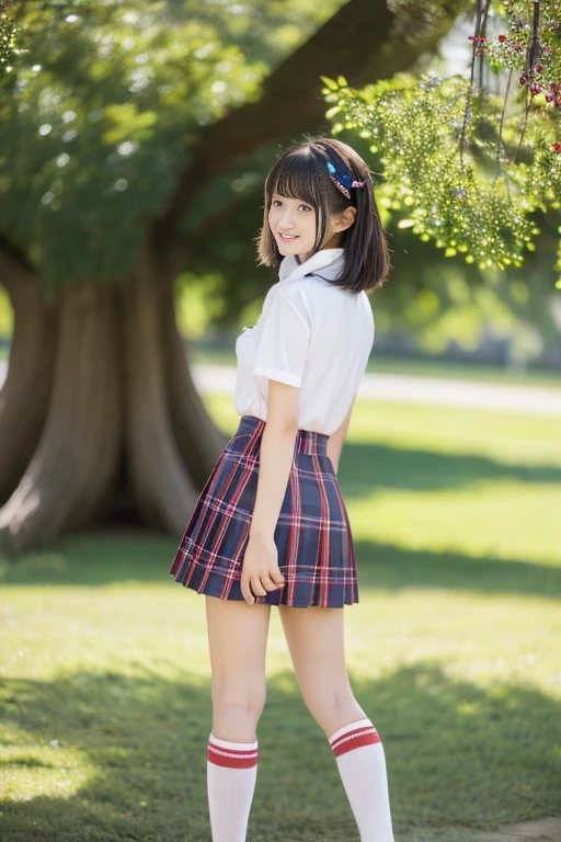 (((​masterpiece))), (((Full body photo)))， (One beautiful Japan girl, Innocence，kawaii) ，超A high resolution, Realistic, ultra-detailliert, 8K,top-quality, Extremely detailed, Detailed background,A slender,very beautiful japanese girl, Detailed face:1.3), (fluffy berry short hair，Cute Hair Ornament，A dark-haired :1.4), (a baby face，kawaii系,adorable 14 year old girl), (Perfect body:1.1),  (White shirt，Red Check Ribbon，Red plaid mini skirt、Dark blue high socks、lowfers), On the lawn of the park，ask for a smile,Please show me your beautiful teeth,((Focus on the crotch，The skirt is rolled up、Panties are visible))，Looking back、sexy  pose，rosy cheeks，Super Detailed Face、Detailed lips、A detailed eye、small gravure idol，Transparent skin、Lolita，japanese hight school uniform，Shade，Under a big tree，Photorealistic:1.37，no-makeup，Neutral Lighting，((posterior view))、Looking up from the ground