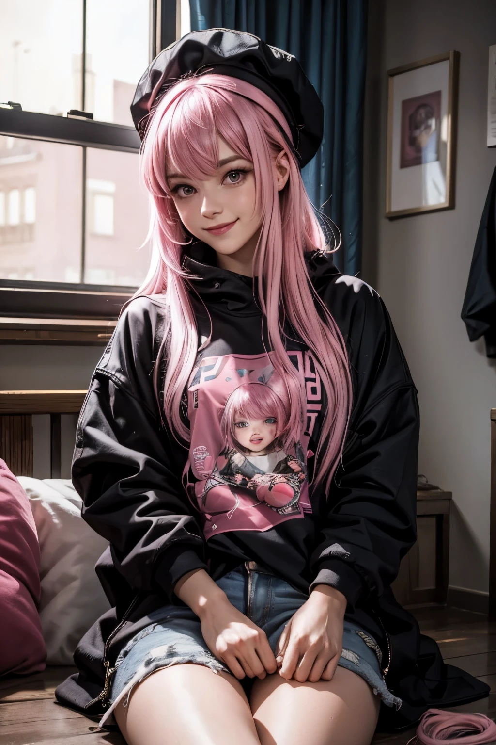 (1Girl, Russian, Beautiful, 18yo, ((Messy bubblegum pink hair)), ((smiling, pink eyes)), (wearing casual clothes)), ((In a room)), ((dark at night))