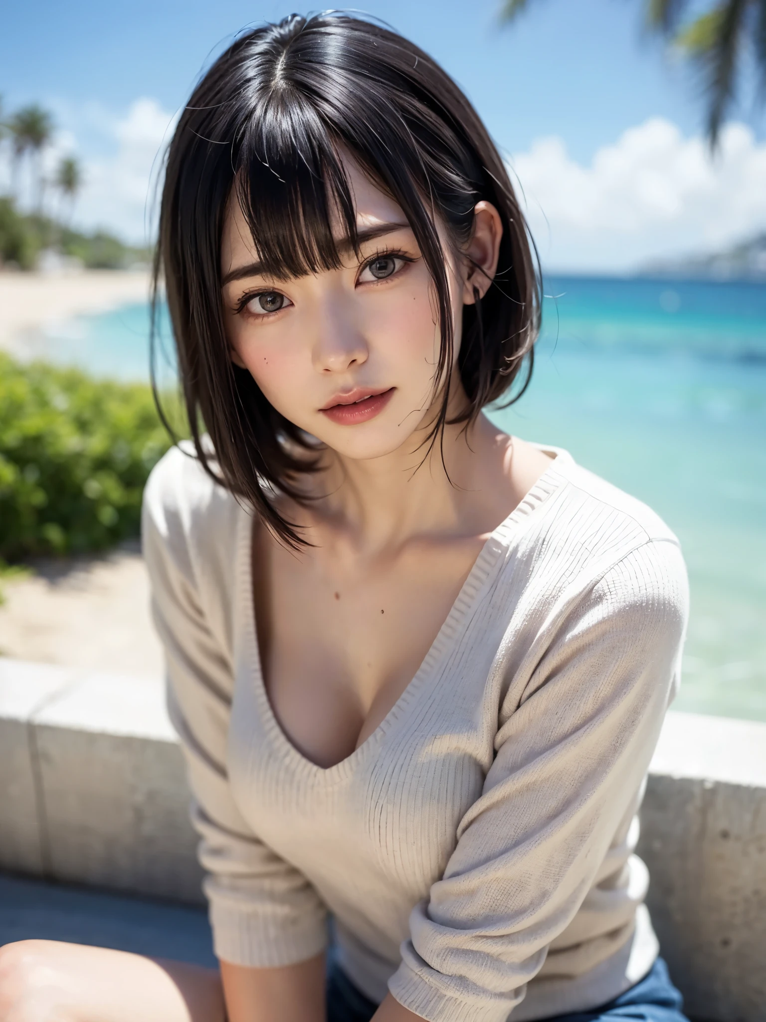 ***1人、top-quality、realisitic、独奏、depth of fields、natural soft light、during daytime、魅惑的、beauitful face、Cleanliness、Pure face、de pele branca、kawaii、short-hair、bangss、the beach、rays of sunshine、Nedium Breast Body Esbian、((Beautiful face with sweater golden ratio Beautiful face with symmetry))、long neck、Put your ears out、bangssのあるきれいな短いボブヘア、Smile with your mouth closed、perfect hand指、perfect hand、Perfect body、face perfect、Shine a light into the eyes、Perfect Anatomy:1.4、とてもkawaiiスーパーモデル:1.4