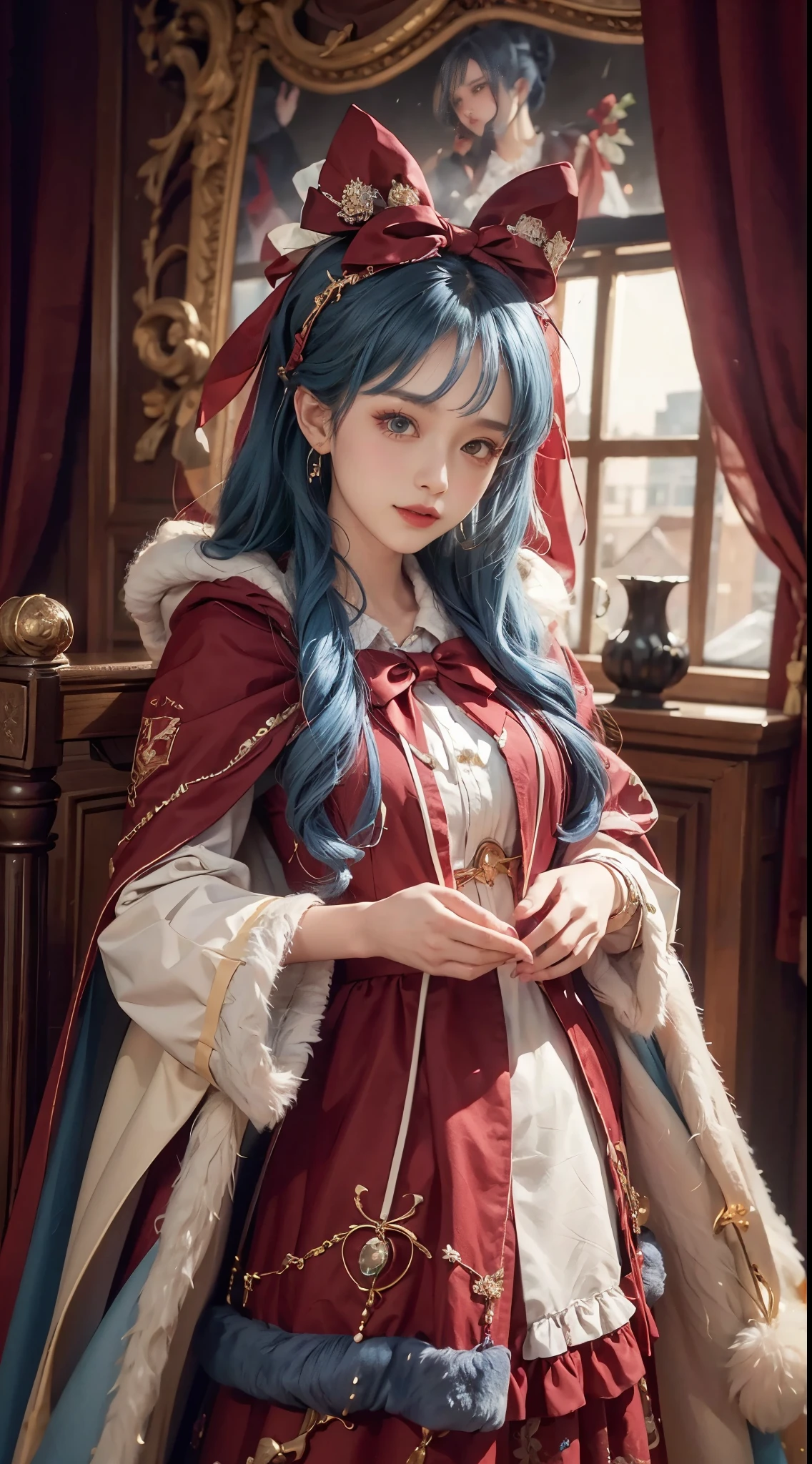 1 girl,hoody,fur cape,Blue hair,ssmile,Lolita costume,Extra-long hair,Red bow hair ornament,The content is very detailed,center frame,Focus sharp,城市,natta,Ski slopelizzarding,luring,8K,tmasterpiece,winning artwork,