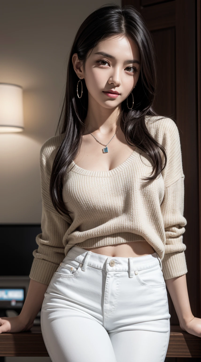 (best quality:1.2, Absurdres), (masterpiece:1.4,ultra detailed),RAW photo,(1girl,solo),korean,kpop-idol,realistic,(black hair, brown eyes,big eyes),(smiling),young female,female in her 20s,long eyelashes,makeup,eyeliner,pink lips,full lips, intricate details, gorgeous girl,detailed eyes and detailed face, ( white sweater,blue jeans,silver necklace,black collar on neck,earrings,jewelry,black sleeves on arms,bare collarbone),long hair,sidelocks,bangs,realistic textured skin,soft, soft volumetric lighting, perfectly drawn hands, ((wide hips, narrow waist,tall female,)),(from front:1.8),dynamic pose,sitting,sitting on chair,(filming set,nighttime),depth of field,(close up shot)
