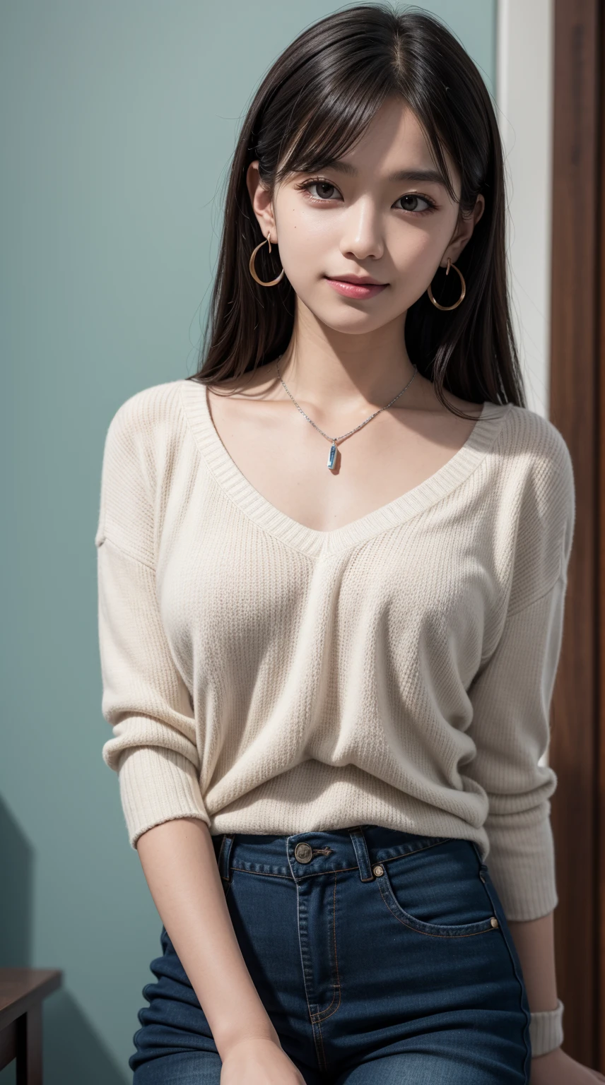 (best quality:1.2, Absurdres), (masterpiece:1.4,ultra detailed),RAW photo,(1girl,solo),korean,kpop-idol,realistic,(black hair, brown eyes,big eyes),(smiling),young female,female in her 20s,long eyelashes,makeup,eyeliner,pink lips,full lips, intricate details, gorgeous girl,detailed eyes and detailed face, ( white sweater,blue jeans,silver necklace,black collar on neck,earrings,jewelry,black sleeves on arms,bare collarbone),long hair,sidelocks,bangs,realistic textured skin,soft, soft volumetric lighting, perfectly drawn hands, ((wide hips, narrow waist,tall female,)),(from front:1.8),dynamic pose,sitting,sitting on chair,(filming set,nighttime),depth of field,(close up shot)