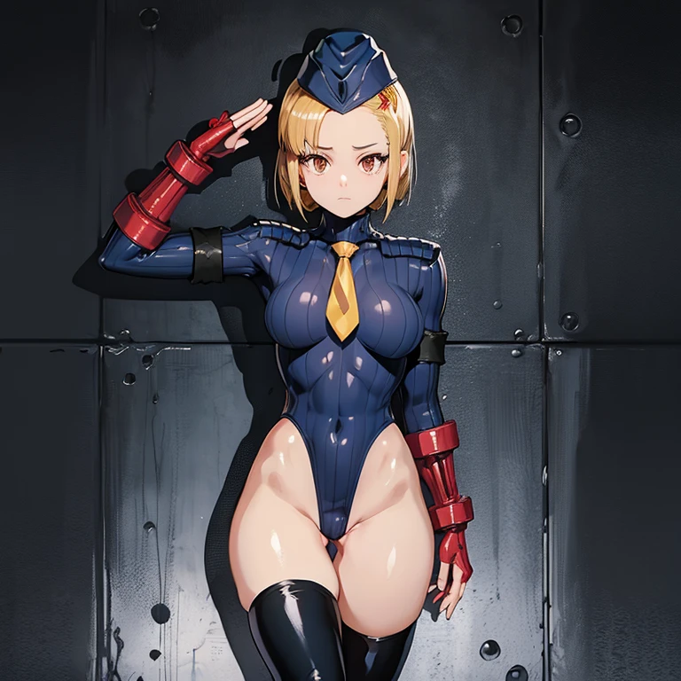 ultra-detailed, Explicit, Beautiful body, Beautiful Nose, Beautiful character design, perfect eyes, perfect face, ultra highres, 4K, beautiful legs, perfect legs, Nice hands, Perfect hand, Masterpiece, Best Quality, Highly detailed, illustration, absurdres, street fighter, doll suit, shadaloo doll, dollsuit, expressionless, blank eyes, looking at viewer, red gloves, emotionless, black latex, corrution, mind control, female combatant, full body, hypnotized, unhappy trance, full body suit, ribbed bodysuit, both arms at side, obey, perfect female body, extremely glossy latex, hypnosis, hypnoLora, empty eyes, Mind control device, poses, submissive_pose, Slave, hat, necktie, stand up straight, standing, standing at attention, hat, necktie, belt, latex, ribbed bodysuit, thighhighs, garter belt, Fighting Stance, extending the right arm from the shoulder into the air with a straightened hand, nazi saluting, military, military saluting, salute, thigh boots, 1girl, Angol mois, keroro gunsou, dark skin, blonde hair, golden eyes, short hair
