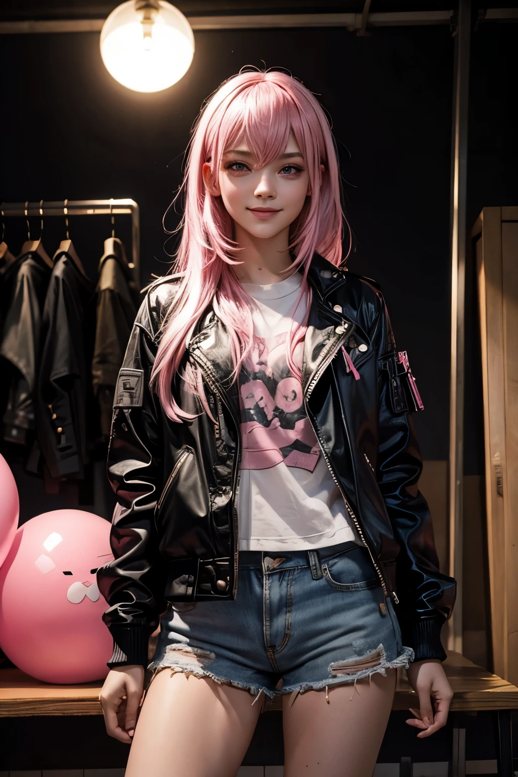 (1Girl, Russian, Beautiful, 18yo, ((Messy bubblegum pink hair)), ((smiling, pink eyes)), (wearing casual clothes with a black punk jacket)), ((In a room)), ((dark at night))