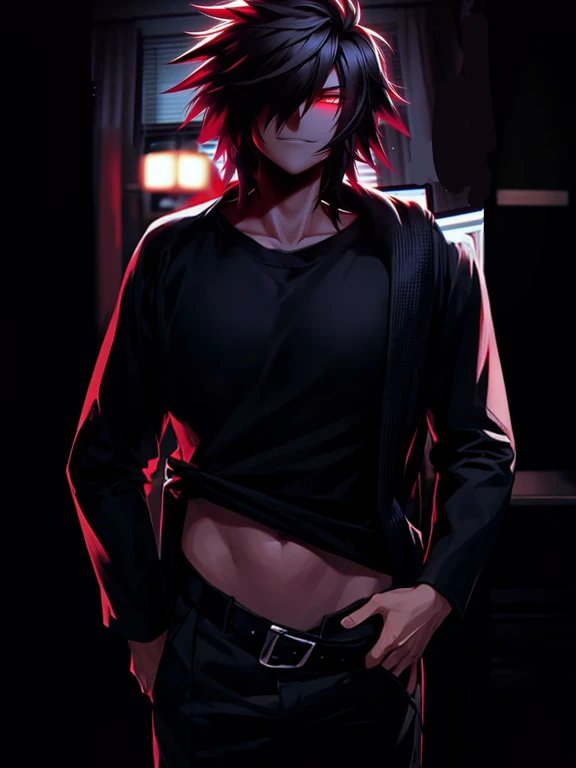 japanese anime style、plain black three-quarter sleevesTThe shirt、Anime style muscular male body、Remove your belt and show your erect penis、A room with no lights on late at night