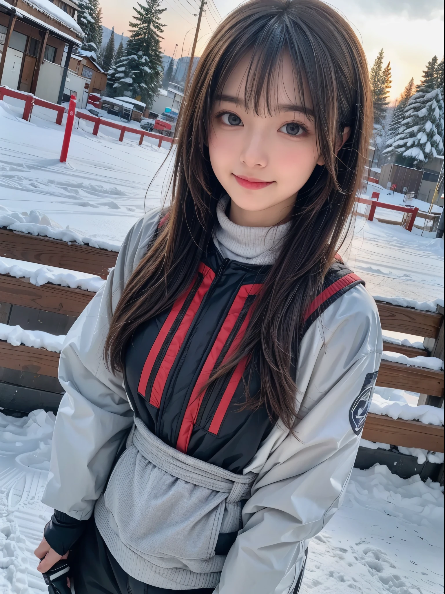(8K,masutepiece, Raw photo,Best Quality:1.4),(photographrealistic:1.2),(extremely Detailed face),(Shiny skin),(Detailed skin),(Detailed face),(Extremely beautiful face), 1girl in,Looking at Viewer,Japanese idol(actress), brown hair,Medium Hair,Straight hair,asymmetrical bangs,Smile,glamor,Large breasts, Wearing ski wear, ski pants and ski gloves, At the snowy ski resort,High Position,Natural lighting