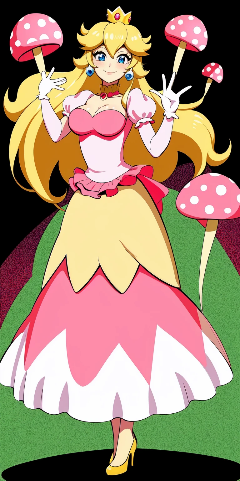 (masterpiece, best quality:1.2), 1girl, solo, (flat color:1.1), (princess peach:1.1), from the mario franchise, pink and gold, long blonde hair, large breasts, pink dress with puffy sleeves, white gloves, pink high heels, blue eyes, gold crown, royal demeanor, standing in the mushroom kingdom, waving with a warm smile, hopeful and kind expression, ( background:0.3), (solid circle eyes:0.7)