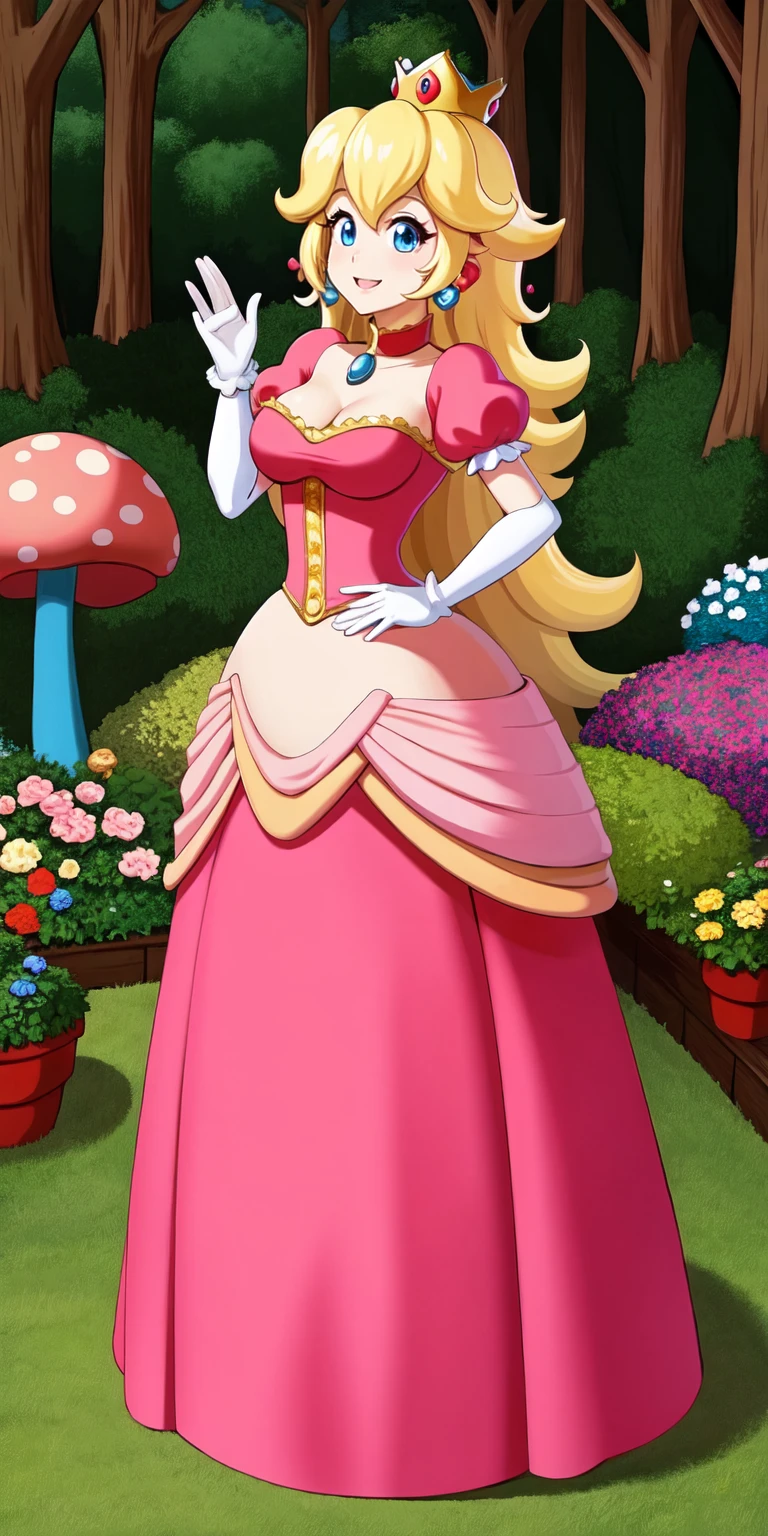(masterpiece, best quality:1.2), 1girl, solo, (flat color:1.1), (princess peach:1.1), from the mario franchise, pink and gold, long blonde hair, large breasts, pink dress with puffy sleeves, white gloves, pink high heels, blue eyes, gold crown, royal demeanor, standing in the mushroom kingdom, waving with a warm smile, hopeful and kind expression, ( background:0.3), (solid circle eyes:0.7)