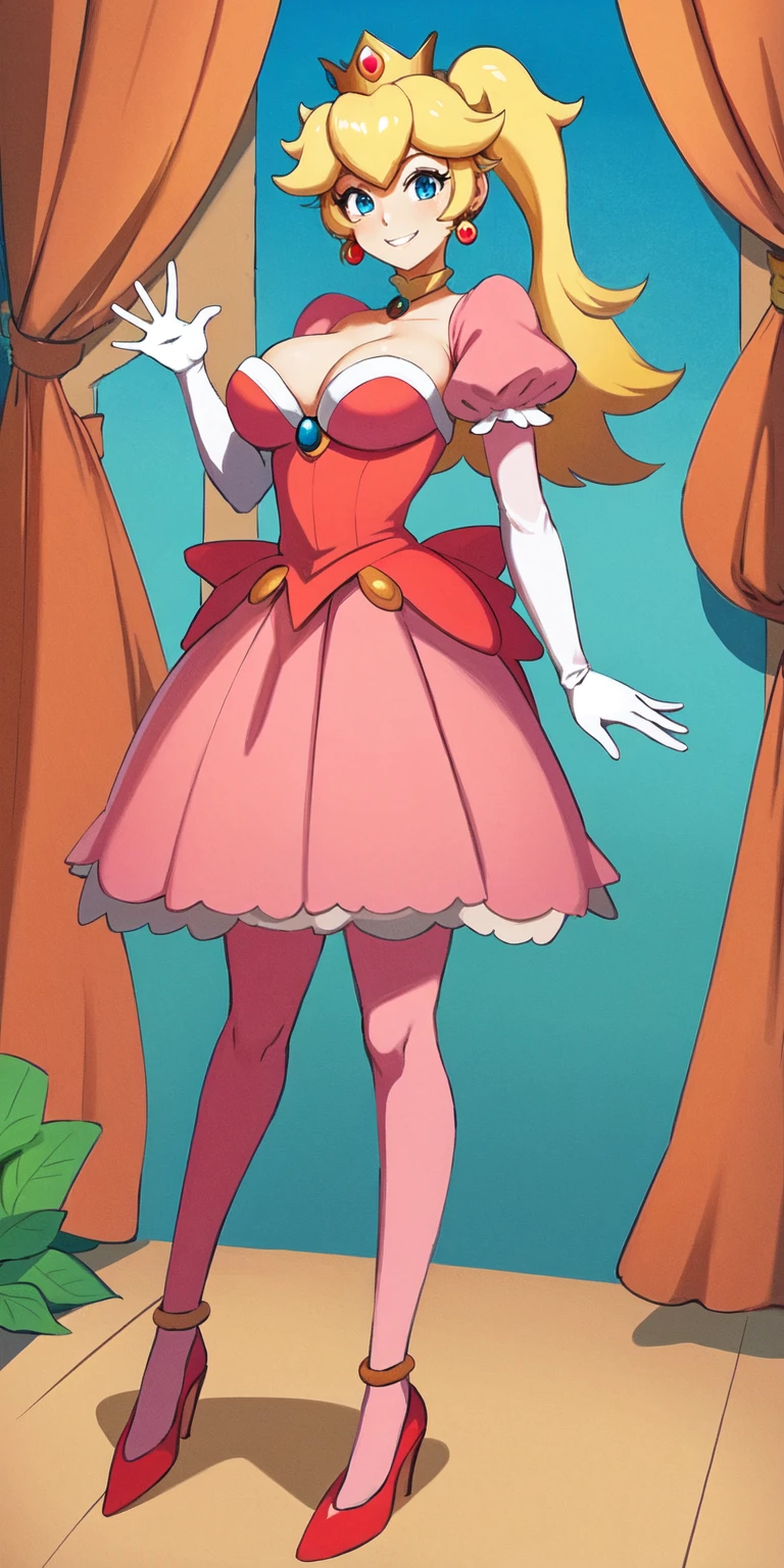 (masterpiece, best quality:1.2), 1girl, solo, (flat color:1.1), (princess peach:1.1), from the mario franchise, pink and gold, long blonde hair, large breasts, pink dress with puffy sleeves, white gloves, pink high heels, blue eyes, gold crown, royal demeanor, standing in the mushroom kingdom, waving with a warm smile, hopeful and kind expression, ( background:0.3), (solid circle eyes:0.7)