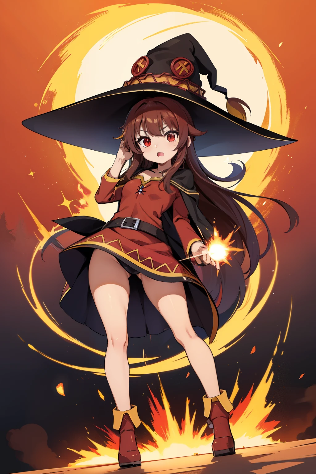 Megumin, witch hat, fire explosion element, efeito de queima - SeaArt AI