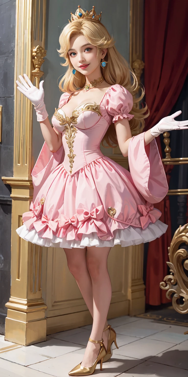 (masterpiece, best quality:1.2), 1girl, solo, (flat color:1.1), (princess peach:1.1), from the mario franchise, pink and gold, long blonde hair, large breasts, pink dress with puffy sleeves, white gloves, pink high heels, blue eyes, gold crown, royal demeanor, standing in the mushroom kingdom, waving with a warm smile, hopeful and kind expression, ( background:0.3), (solid circle eyes:0.7)