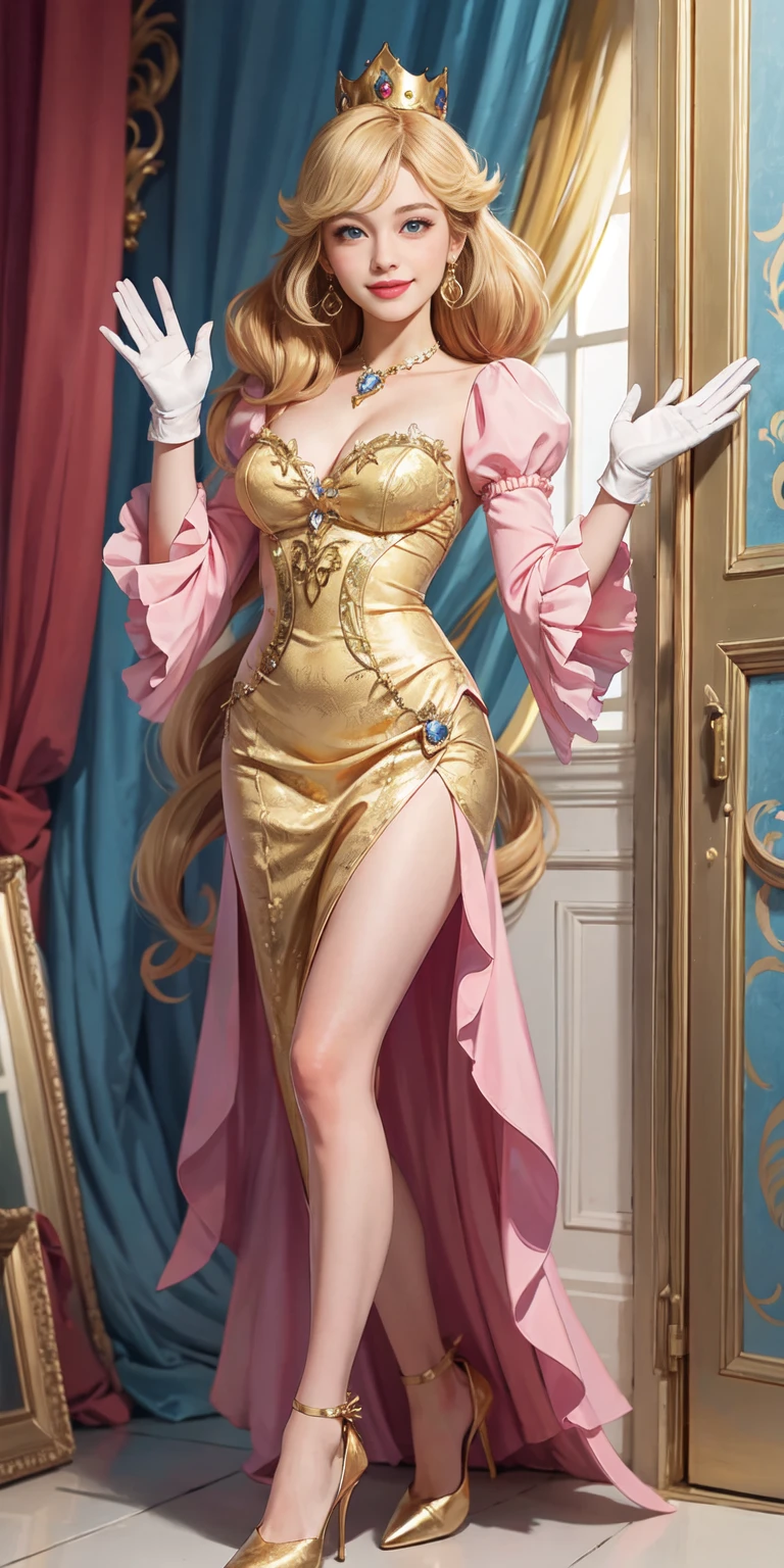 (masterpiece, best quality:1.2), 1girl, solo, (flat color:1.1), (princess peach:1.1), from the mario franchise, pink and gold, long blonde hair, large breasts, pink dress with puffy sleeves, white gloves, pink high heels, blue eyes, gold crown, royal demeanor, standing in the mushroom kingdom, waving with a warm smile, hopeful and kind expression, ( background:0.3), (solid circle eyes:0.7)