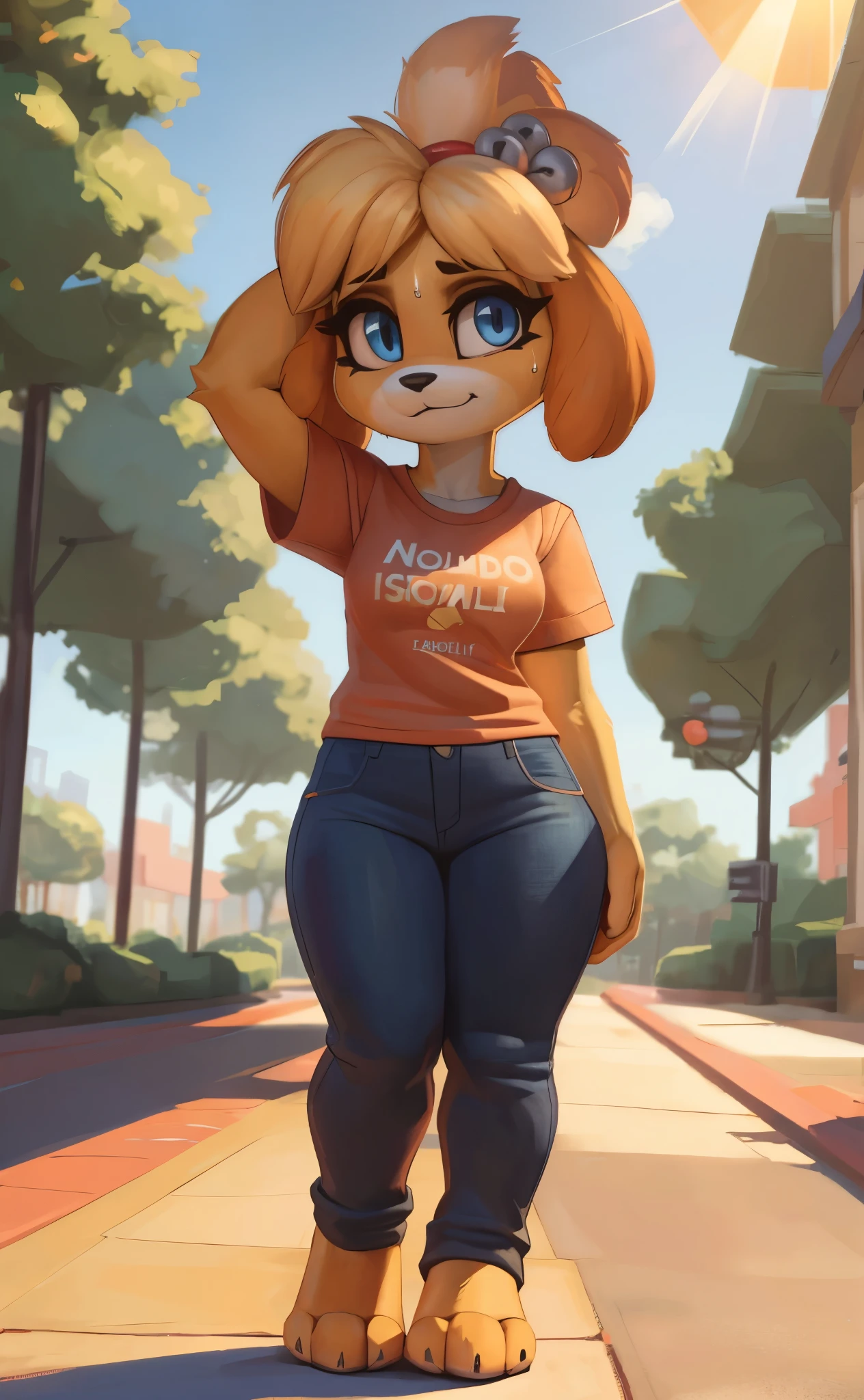 [isaCrossing], [Isabelle], [Animal Crossing], [Uploaded to e621.net; (Pixelsketcher), (wamudraws)], ((masterpiece)), ((HD)), ((highres)), ((solo portrait)), ((front view)), ((feet visible)), ((furry; anthro)), ((detailed fur)), ((detailed shading)), ((beautiful render art)), {anthro; (slim figure), yellow fur, black nose, (cute blue eyes), small brown eyebrows, blonde hair, (bells in hair), topknot, fluffy tail, (curvy hips), (sweat on forehead), (beautiful legs), (beautiful feet), (cute nervous smirk)}, {(red ribbon in hair), (orange tee shirt), (tight jeans)}, {(standing), (nervous stance), (scratching head), (pigeon-toed), (looking at viewer)}, [background; (park), (sidewalk), (trees), (blue sky), (sun rays), (ambient lighting)]
