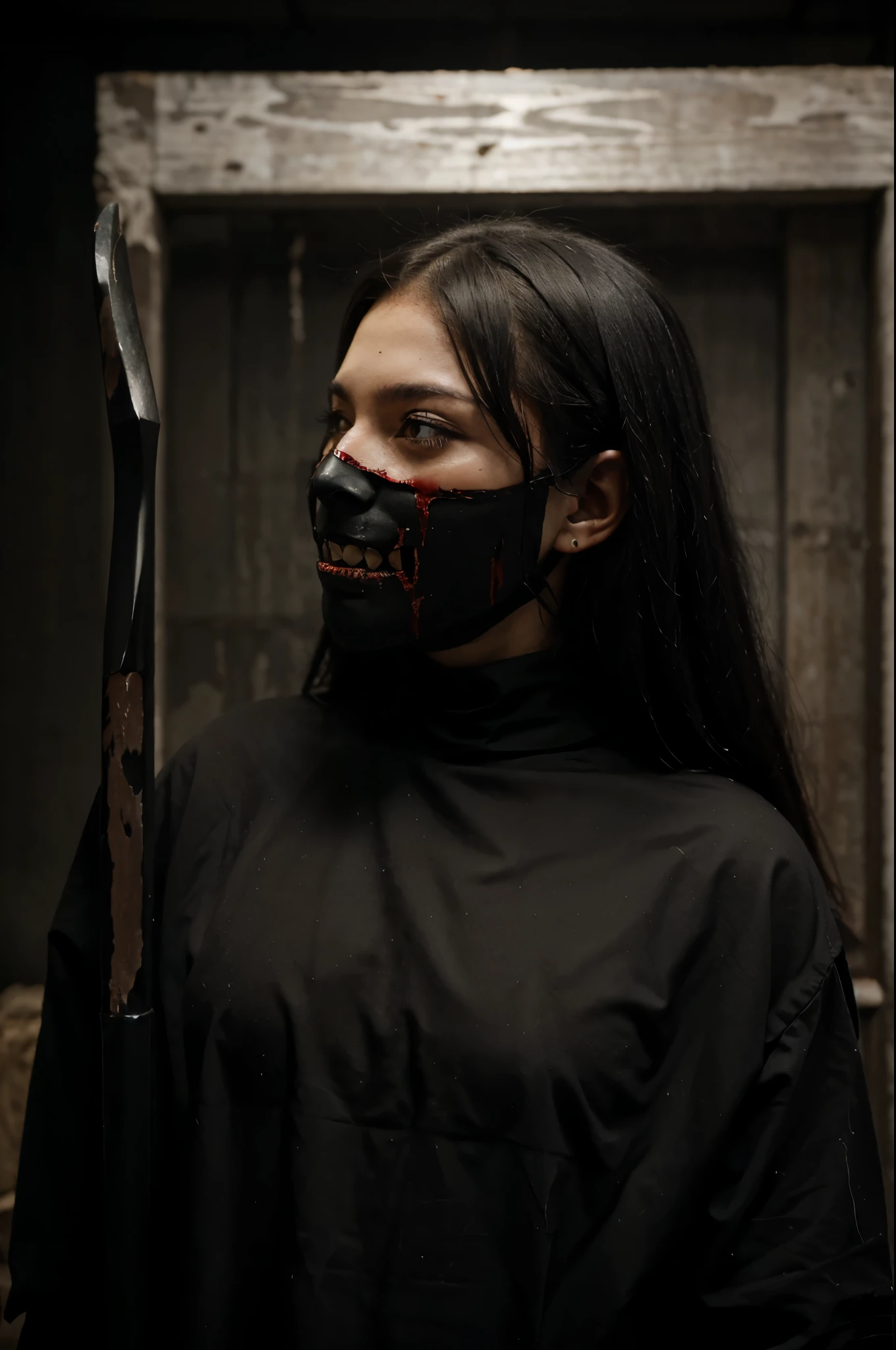 (best quality:1.2),artwork,scary woman with a mask,dark clothing,holding a bloodied knife,piercing gaze,horror theme,creepy atmosphere,ominous lighting,nighttime scene,macabre details,color palette:dark and gloomy,Showing your breasts,without