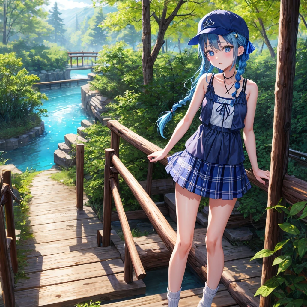 Blue hair、blue eyess、Braids、one good looking girl、独奏、animesque、Plaid miniskirt、Black T-shirt、camisole、the woods、Sunlight、Wearing a plaid baseball cap、bare-legged、Tilting your face、Walking、Crossing a log bridge while keeping balance、Doing the ribbon、have a twig、climbing the wooden stairs、falls、Blue Topaz