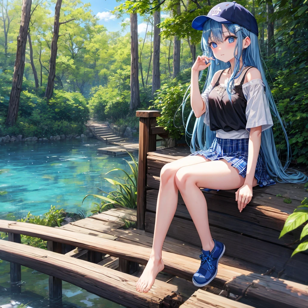 Blue hair、blue eyess、Braids、one good looking girl、独奏、animesque、Plaid miniskirt、Black T-shirt、camisole、the woods、Sunlight、Wearing a plaid baseball cap、bare-legged、Tilting your face、Walking、Crossing a log bridge while keeping balance、Doing the ribbon、have a twig、climbing the wooden stairs、falls、Blue Topaz