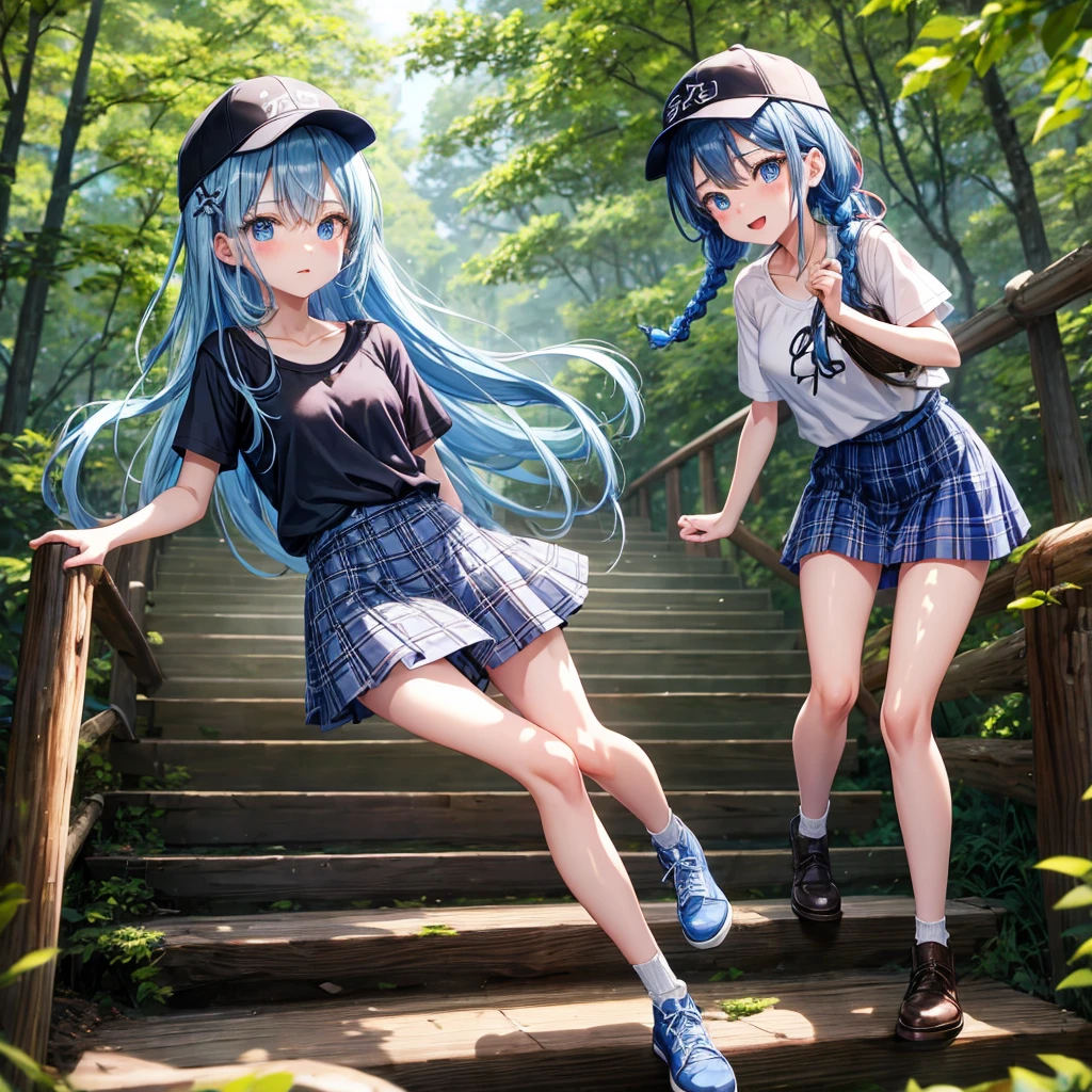 Blue hair、blue eyess、Braids、one good looking girl、独奏、animesque、Plaid miniskirt、Black T-shirt、camisole、the woods、Sunlight、Wearing a plaid baseball cap、bare-legged、Tilting your face、Walking、Crossing a log bridge while keeping balance、Doing the ribbon、have a twig、climbing the wooden stairs、falls、Blue Topaz