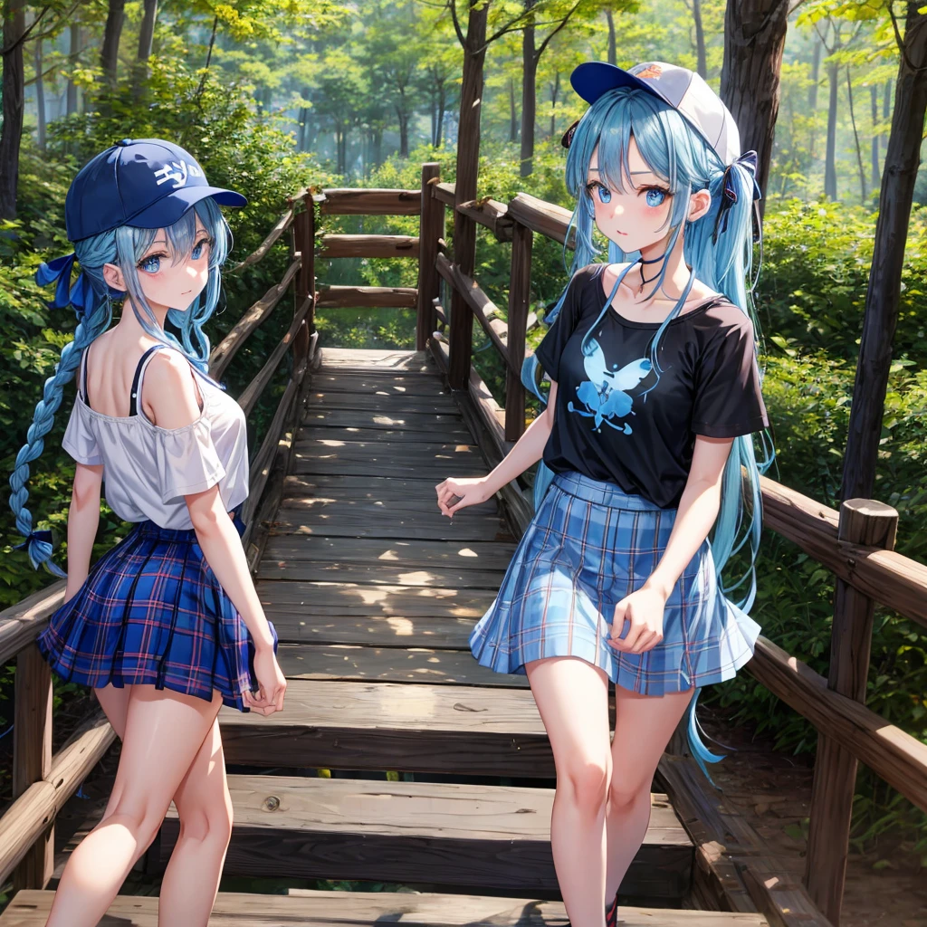Blue hair、blue eyess、Braids、one good looking girl、独奏、animesque、Plaid miniskirt、Black T-shirt、camisole、the woods、Sunlight、Wearing a plaid baseball cap、bare-legged、Tilting your face、Walking、Crossing a log bridge while keeping balance、Doing the ribbon、have a twig、climbing the wooden stairs、falls、Blue Topaz