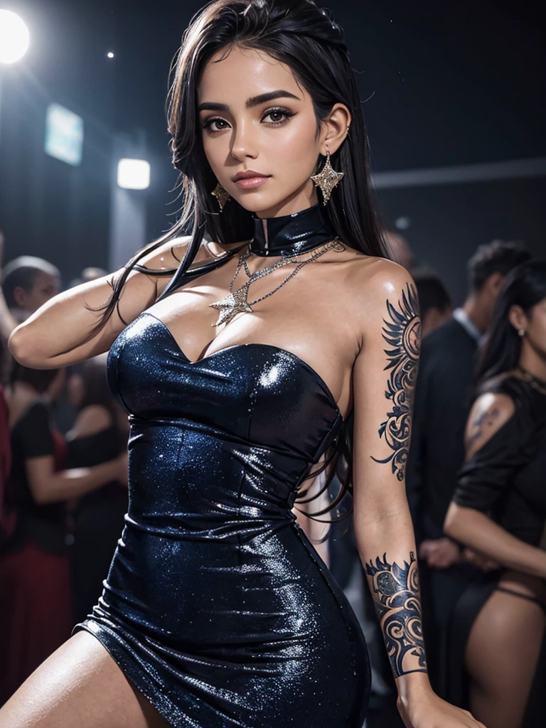 Uma mulher atraente com vestido comprido, corpo torneado, rosto detalhado, olhos maquiados, brincos de argola, colar de brilhantes, stars tattoo on neck (melhor qualidade), at a party at night.