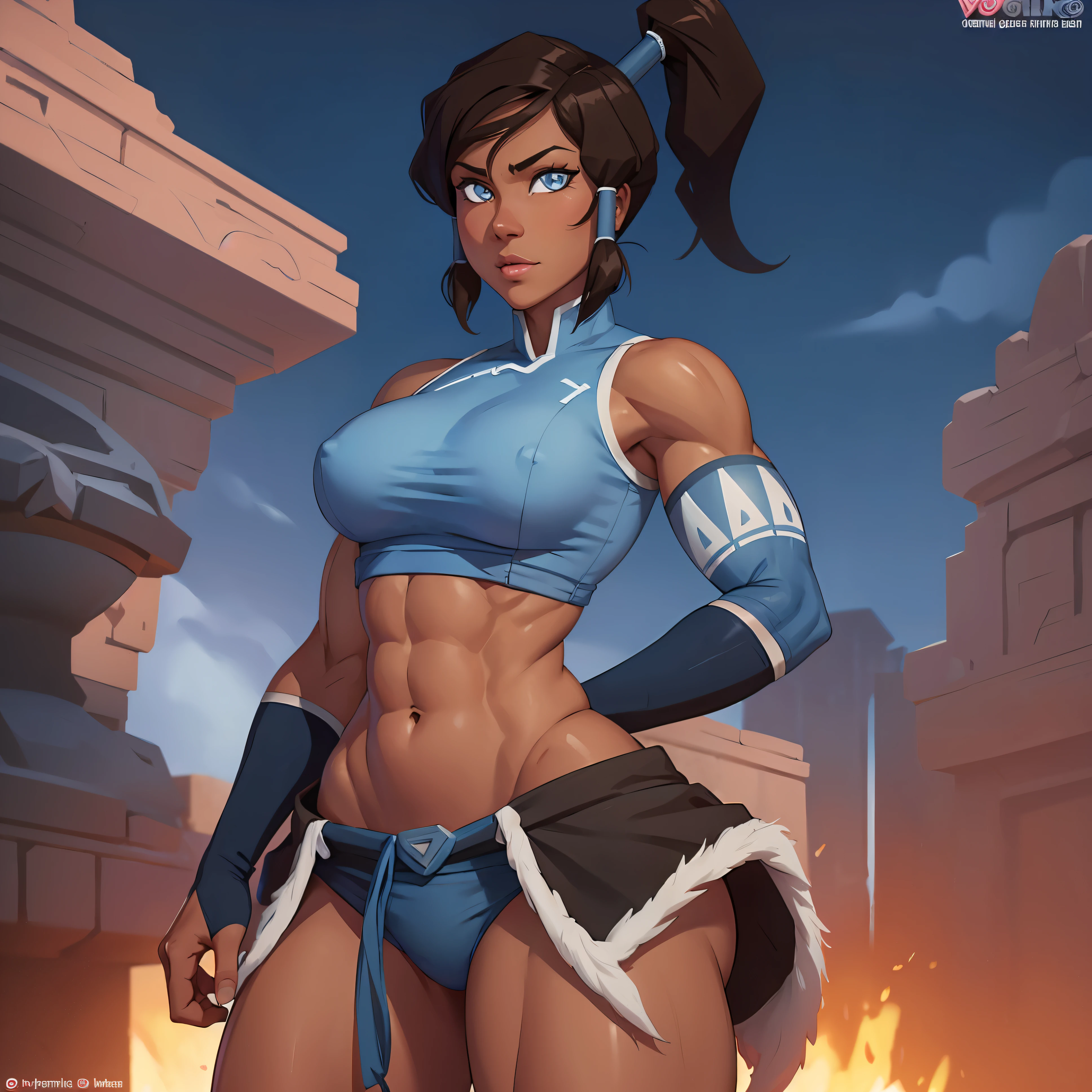 korra, dark skin, dark-skinned female, ponytail, muscular female, nsfw, high quality, detailed, high resolution,