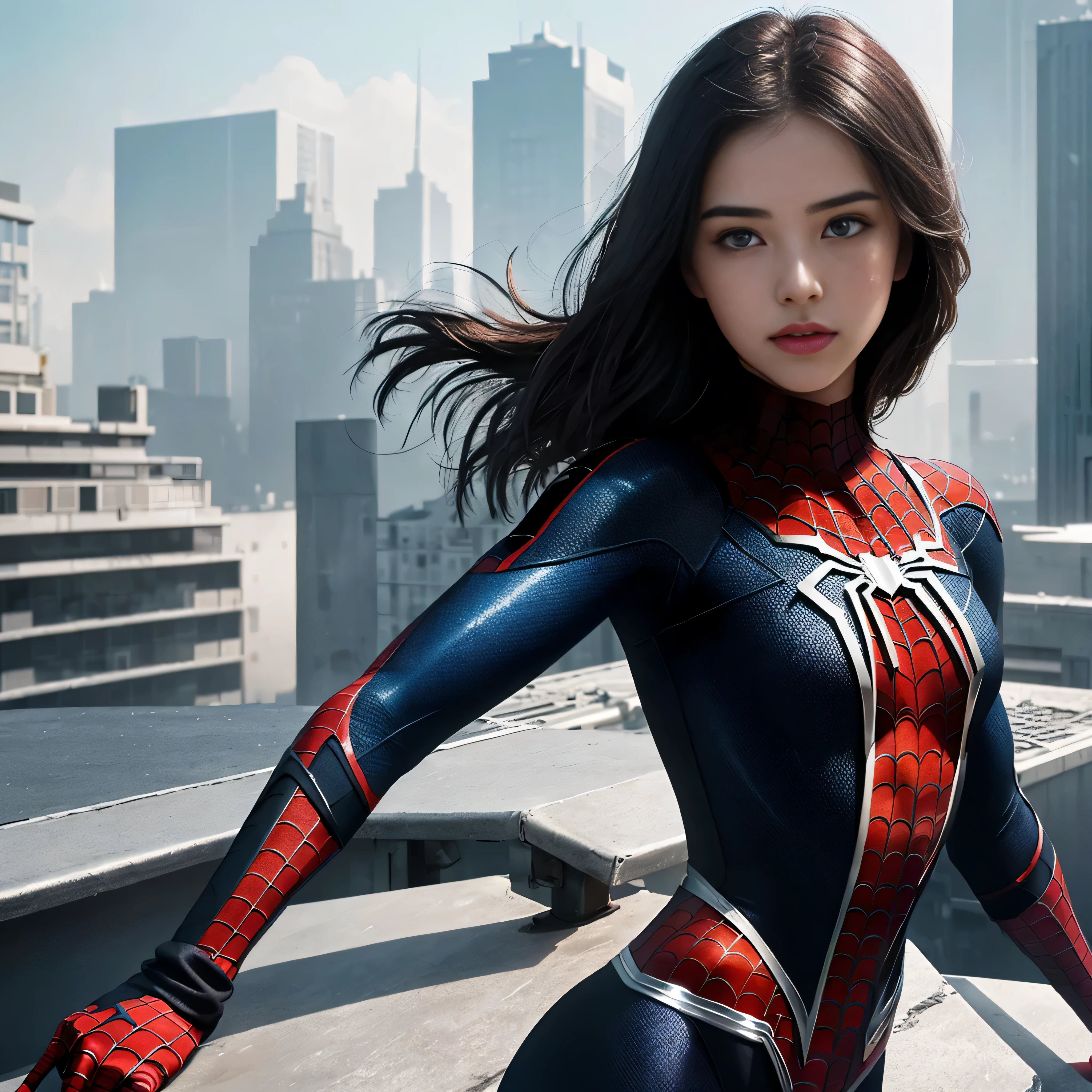(1girl in:1.3), Solo, (((Very Detailed face)))), ((Very detailed eyes and face)))), Beautiful detail eyes, Body parts__, Official art, Unified 8K Wallpaper, super detailed, Beautiful and Beautiful, Beautiful, masutepiece, Best Quality, Original, masutepiece, Super Fine Photo, Best Quality, 超A high resolution, Realistic realism, Sunlight, Full body portrait, Amazing beauty, Dynamic Pose, Delicate face, Bright eyes when viewed from the front), she is wearing a Spider-man suit, Red and black color scheme, spider, very detailed city roof background, On the rooftop, overlooking a city, Detailed face, Detailed complex busy background, Messy, Gorgeous, Milky White, highly detailedskin, Realistic skin details, Visible Pore, Clear focus, Volumetric fog, 8K UHD, Digital SLR, High quality, Film grain, Fair skin, photorealisim, Lomography, Futuristic dystopian megalopolis, translucent