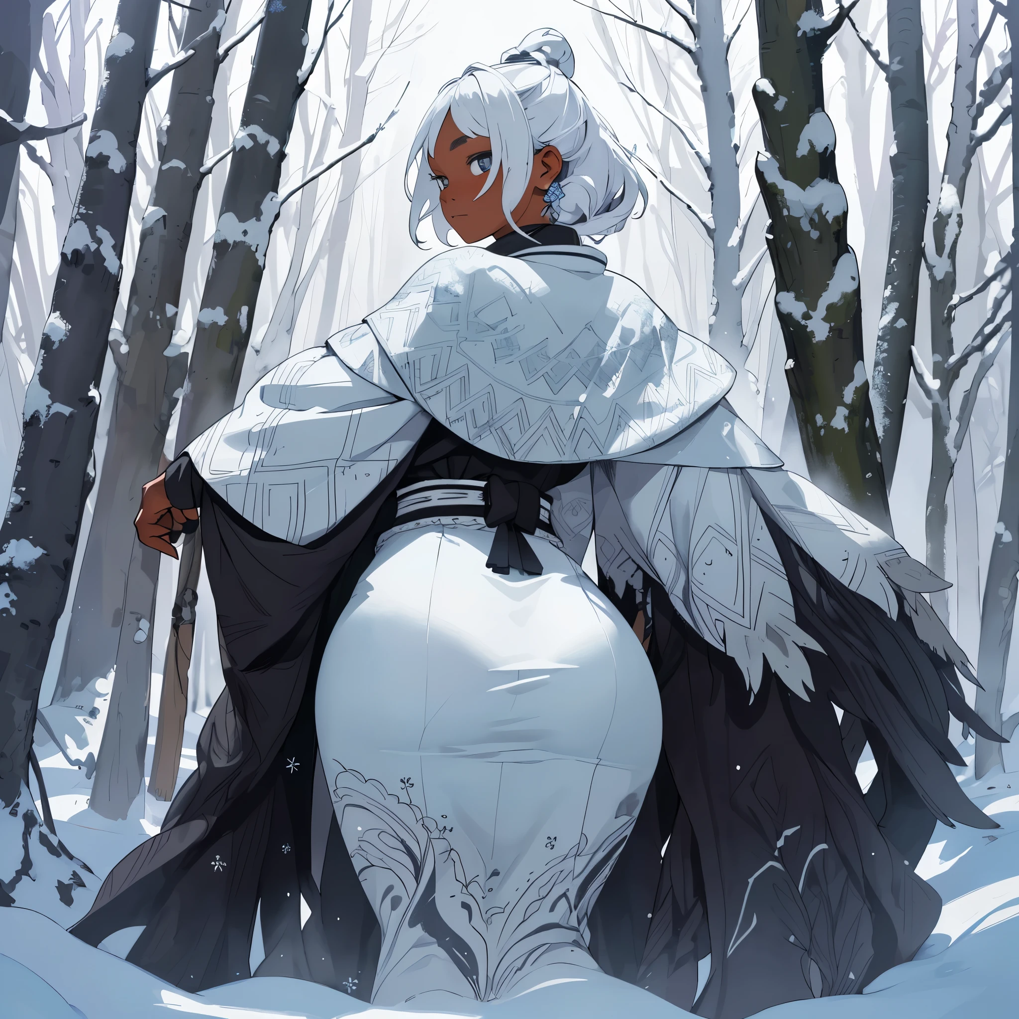 A tribal woman with black and white hair standing in a snowy forest near a hot spring.

Materials: Illustration, 

Additional details: Soft falling snowflakes, steam rising from the hot spring, a traditional tribal outfit with intricate patterns, a serene expression on the woman's face,farting,fart,bewitching thighs, exposed butt,beautiful butt,back view,looking at viewer,anus,dark skin,large butt,exposed butt

Image quality: (best quality:1.2), ultra-detailed, realistic

Artistic style: Fantasy, portrait, winter

Color palette: Cool tones, shades of white, hints of blue and gray

Lighting: Soft natural light filtering through the trees