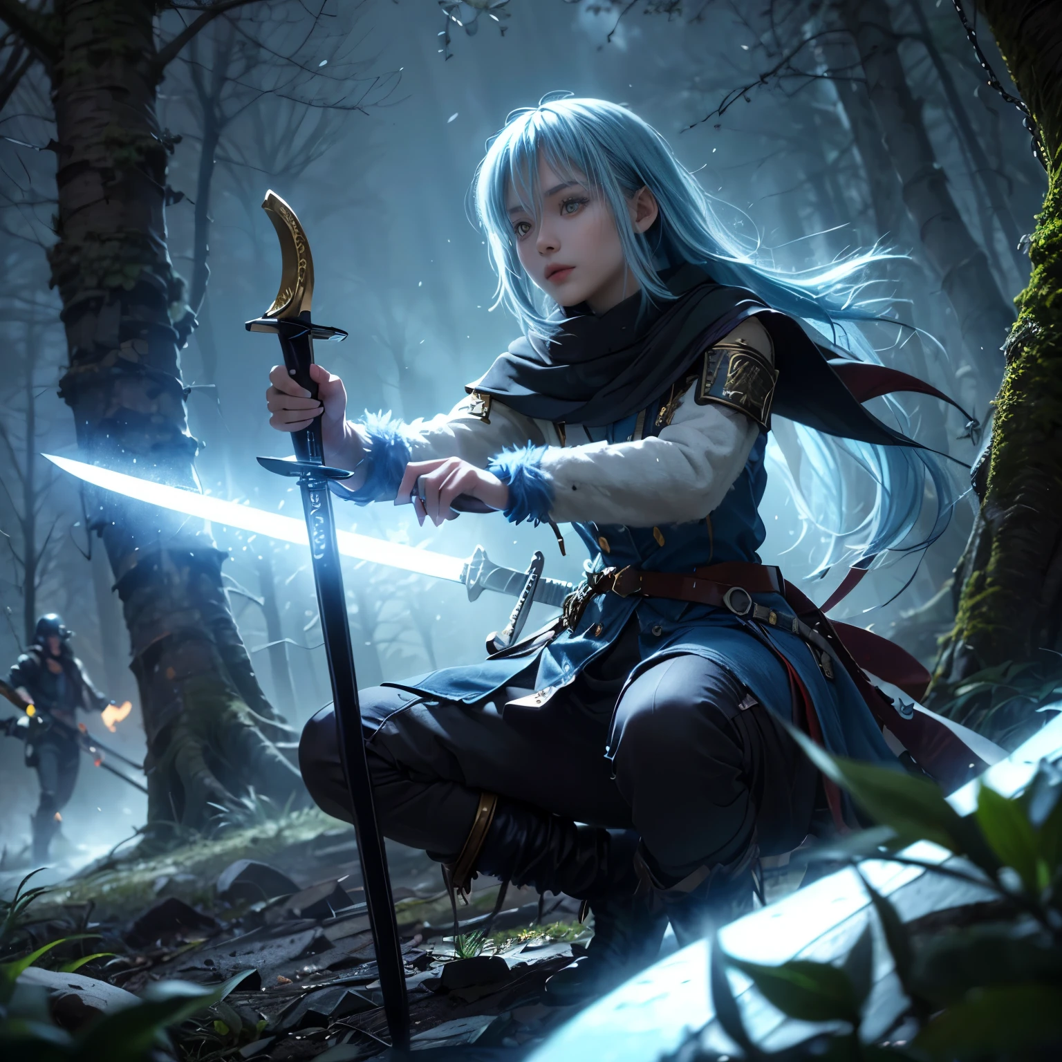 8K, best quality, best resolution, ultra detailed, cinematic lighting, realistic, bokeh, masterpiece, absurdress, beautiful, rimuru_tempest, blue hair, yellow eyes, long hair, weapon, sword, glowing sword, forest, village