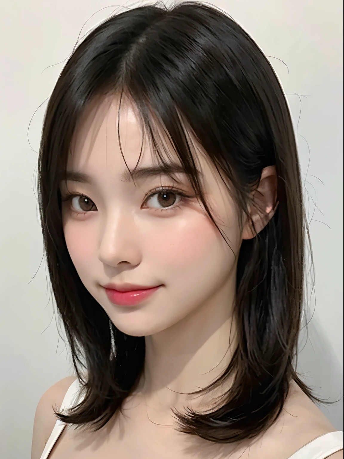 incredibly absurd, beautiful and cute 20-year-old Korean girl with a photorealistic face, showcasing top-quality craftsmanship. Her slender frame adorned with short, messy hair. The artwork high-resolution, allowing for ultra-detailed features to be captured flawlessly. The girl depicted naked. The focus lies on the realistic pupils, showcasing depth and emotion. ((breasts out)) cute smile.