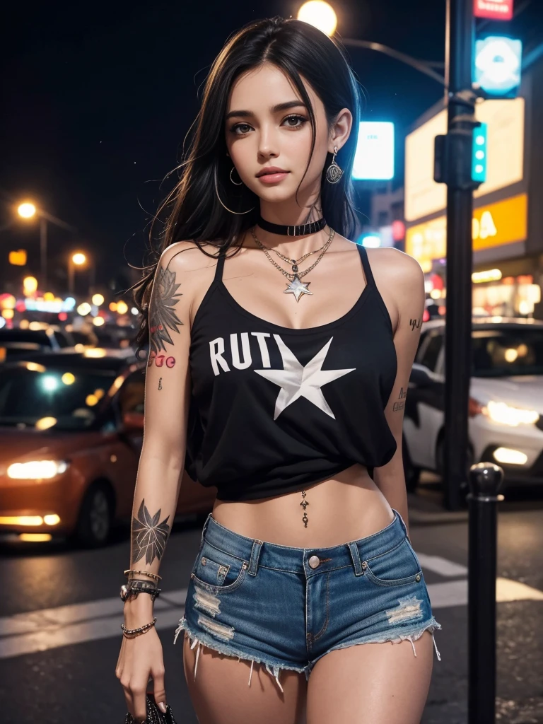 Uma mulher atraente com blusa curta e shorts, corpo torneado, rosto detalhado, brincos de argola, colar de brilhantes, stars tattoo on neck (melhor qualidade), In a city at night.