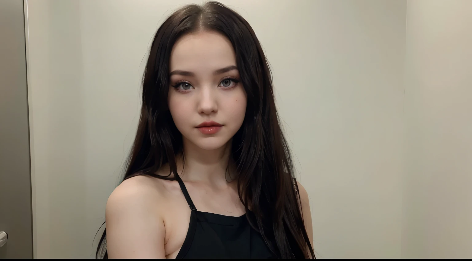 Dove Cameron with red eyes, dark makeup, long black hair