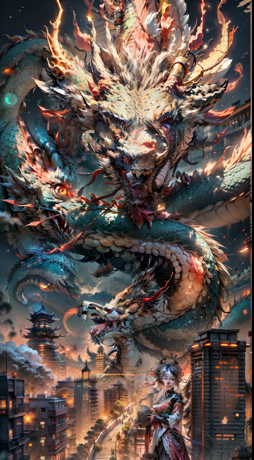 Trilateral view, A high resolution, hyper HD, Anatomically correct, acurate, super detailing, Best quality at best, 8K，（imagining），In the prosperous city of Tang&#39;an, A stunning beauty stood there, A Chinese dragon flies in the sky, Gorgeous fireworks, and bustling night views