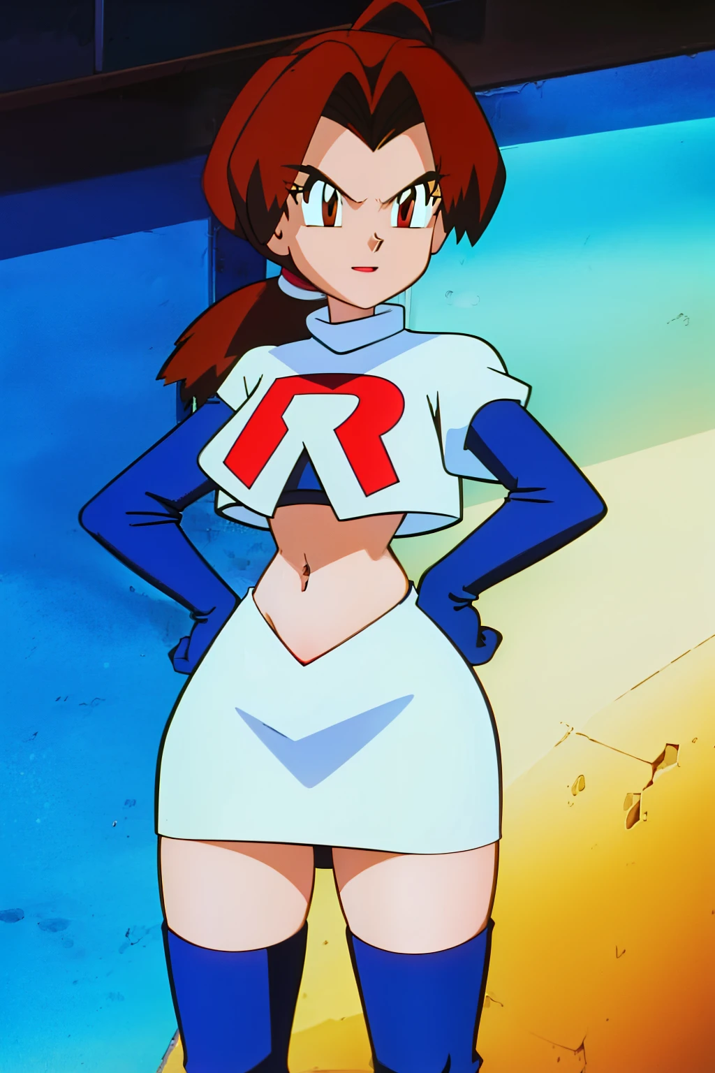 deliaketchum, brown hair, (brown eyes:1.7), parted bangs, (ahoge:1.5), ponytail, low ponytail,glossy lips, light makeup, eye shadow, earrings ,team rocket,team rocket uniform, red letter R, white skirt,white crop top,black thigh-high boots, black elbow gloves, evil smile, sexy poses